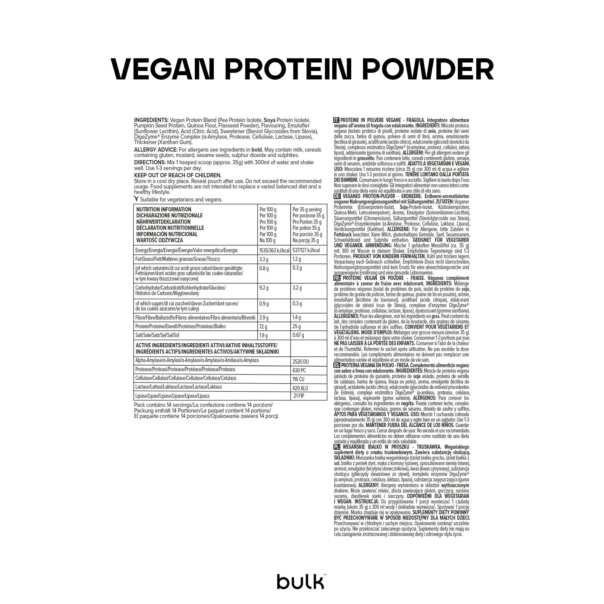 Bulk Proteine Vegane in Polvere, Frullato Proteico Vegetale, Fragola, 2.5 kg, Formula Nuova e Migliorata, 71 Porzioni, La Confezione Può Variare