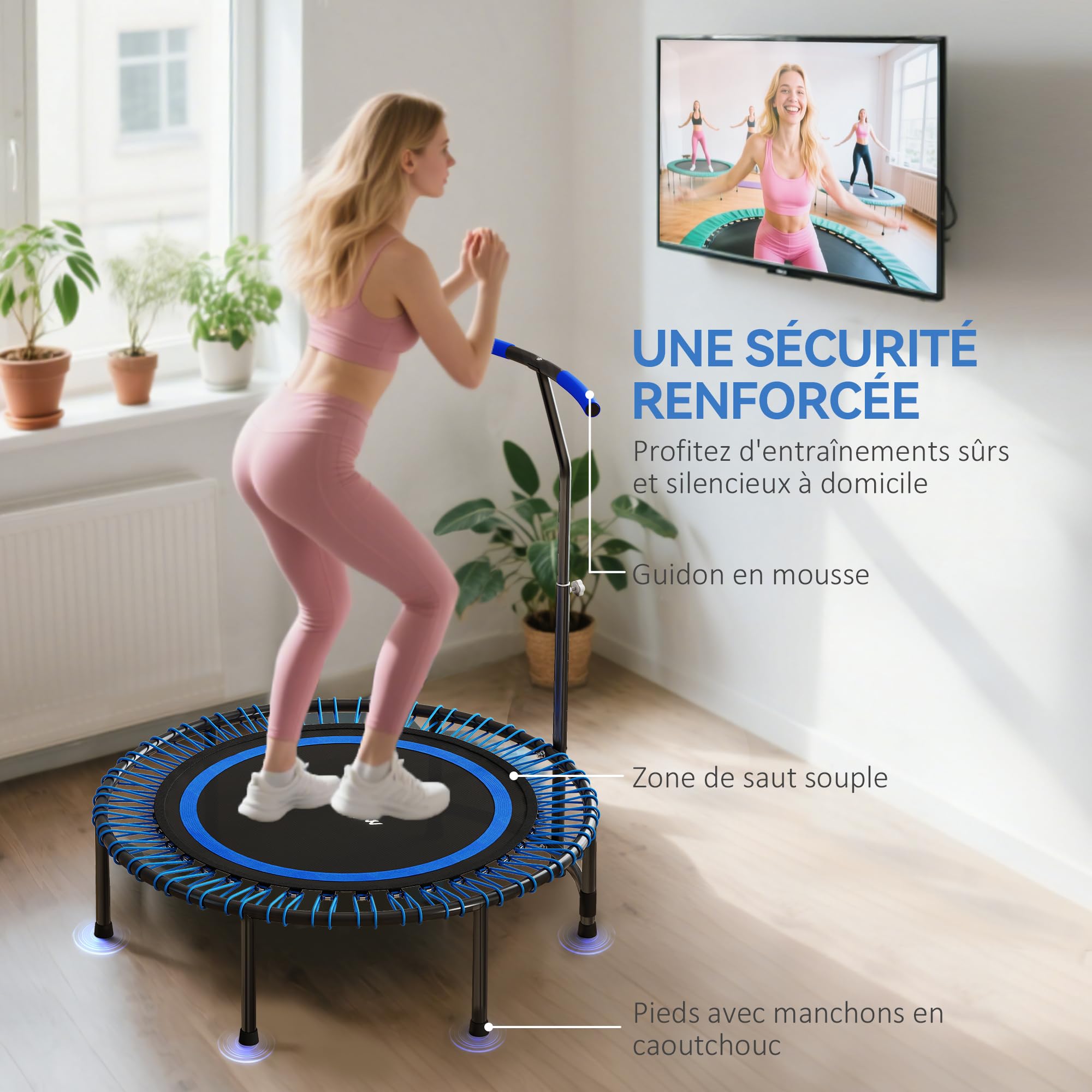 SPORTNOW Trampoline de Fitness 114 cm avec Cordes élastiques, poignée réglable sur 5 Positions, Trampoline Adulte Charge 200 kg Stable et Silencieux pour entraînement intérieur, Bleu