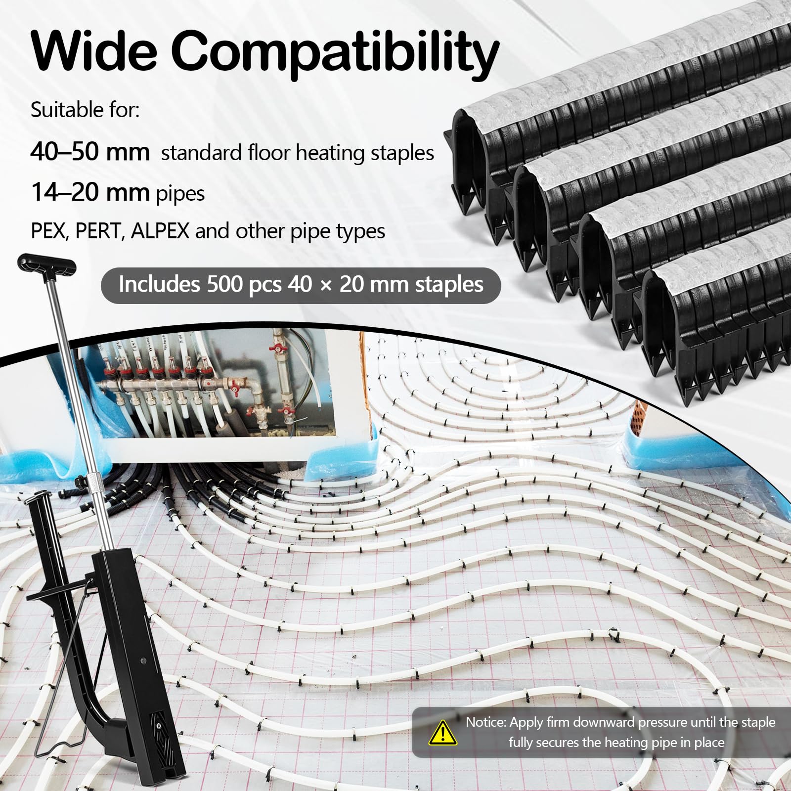 Grapadora profesional de 90 cm para calefacción por suelo radiante, con 500 agujas de grapadora de 40 mm, para tubos de calefacción de 14 a 20 mm de diámetro, apto para grapas de 40 a 50 mm