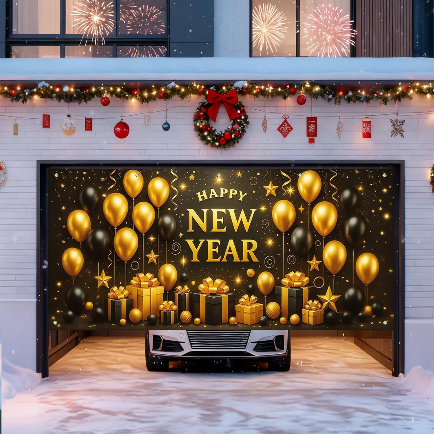 IVN Happy New Year Garage Door Banner Black and Gold Happy New Year Balloon Gift Box Design 13x6ft Garage Door Cover Outdoor Garage Backdrop Decoration for New Year Eve Party Home Yard Exterior Decor