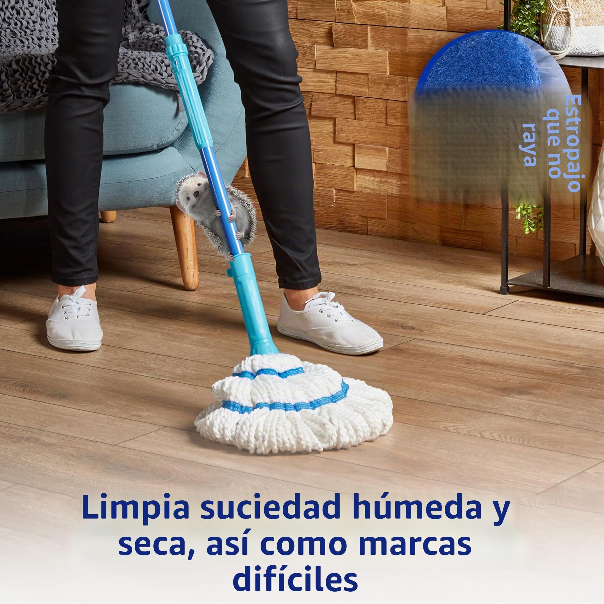 SPONTEX - Twist Mop - Balai à franges microfibre non rayant - Système d'essorage intégré - Manche télescopique ultra compact - 1 Balai