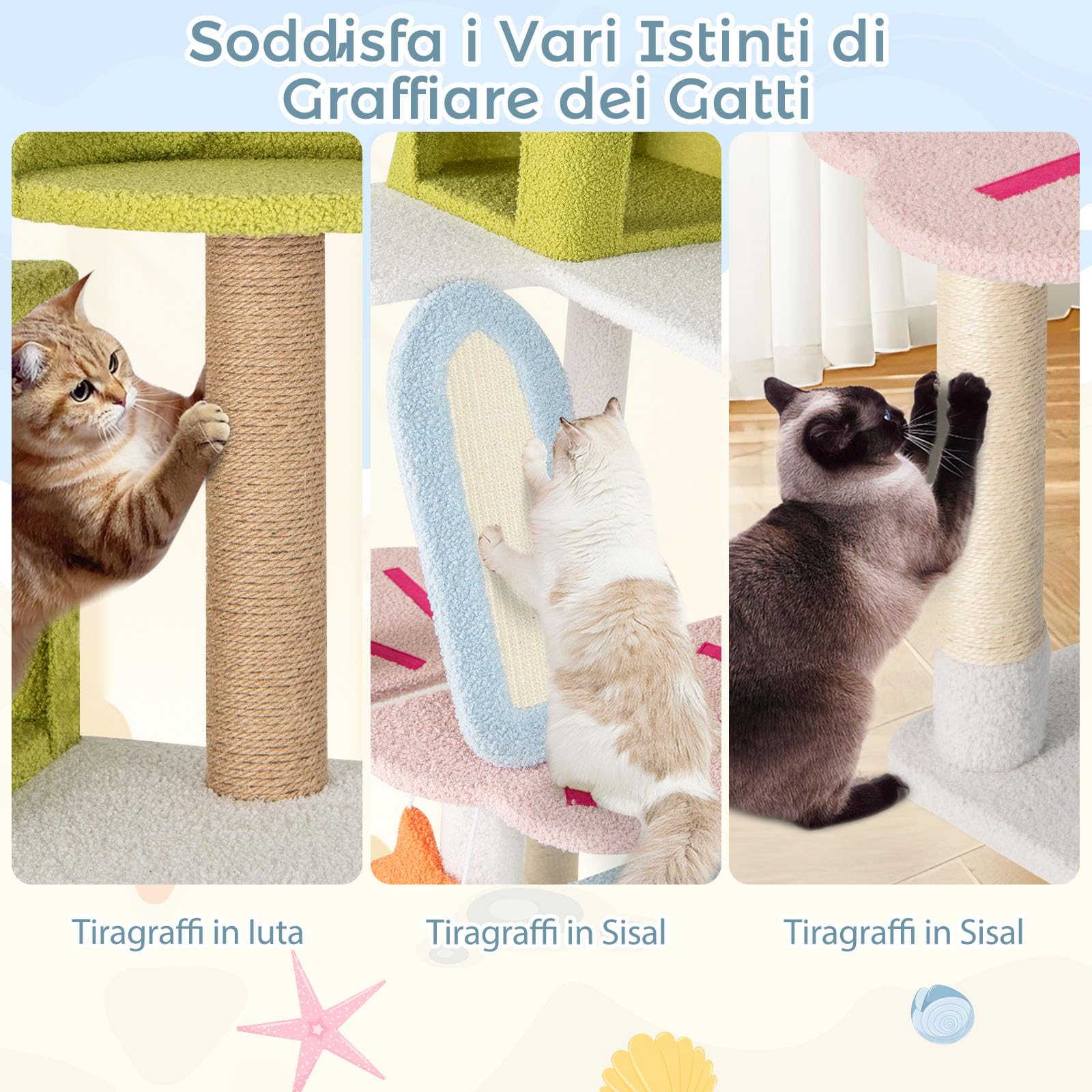GYMAX Albero Tiragraffi per Gatti Alta180 CM, Torre Multilivello con 2 Condomini, Rampicante e Posti per Graffiare, Morbida, Decorazione a Tema Spiaggia, Centro Attività per Gattini e Gatti Adulti