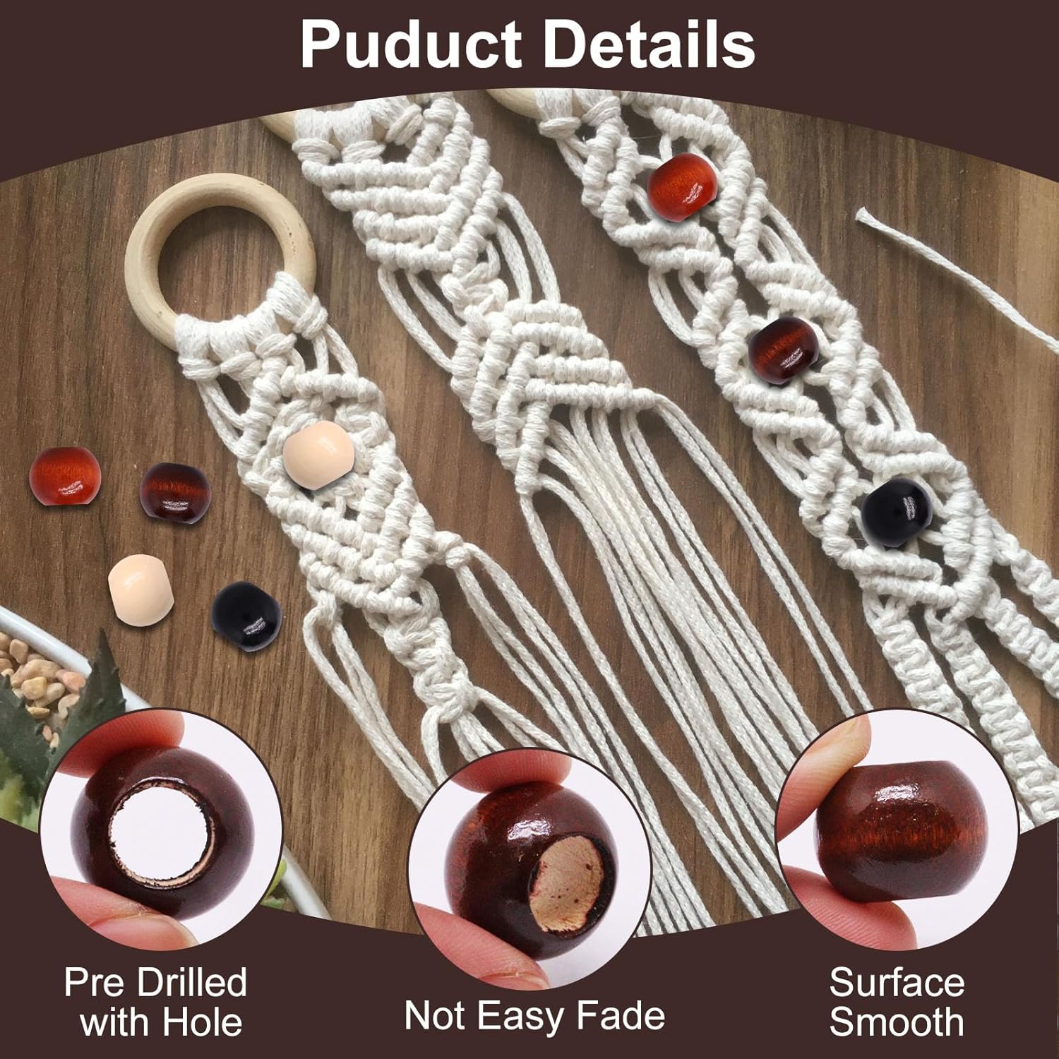 60PCS Wooden Beads for Crafts, 20mm Vintage Round Wooden Craft Bead in 4 Colors, Large Hole Wood Beads for Jewelry Making Decoration Bracelet DIY Handmade - Image 3