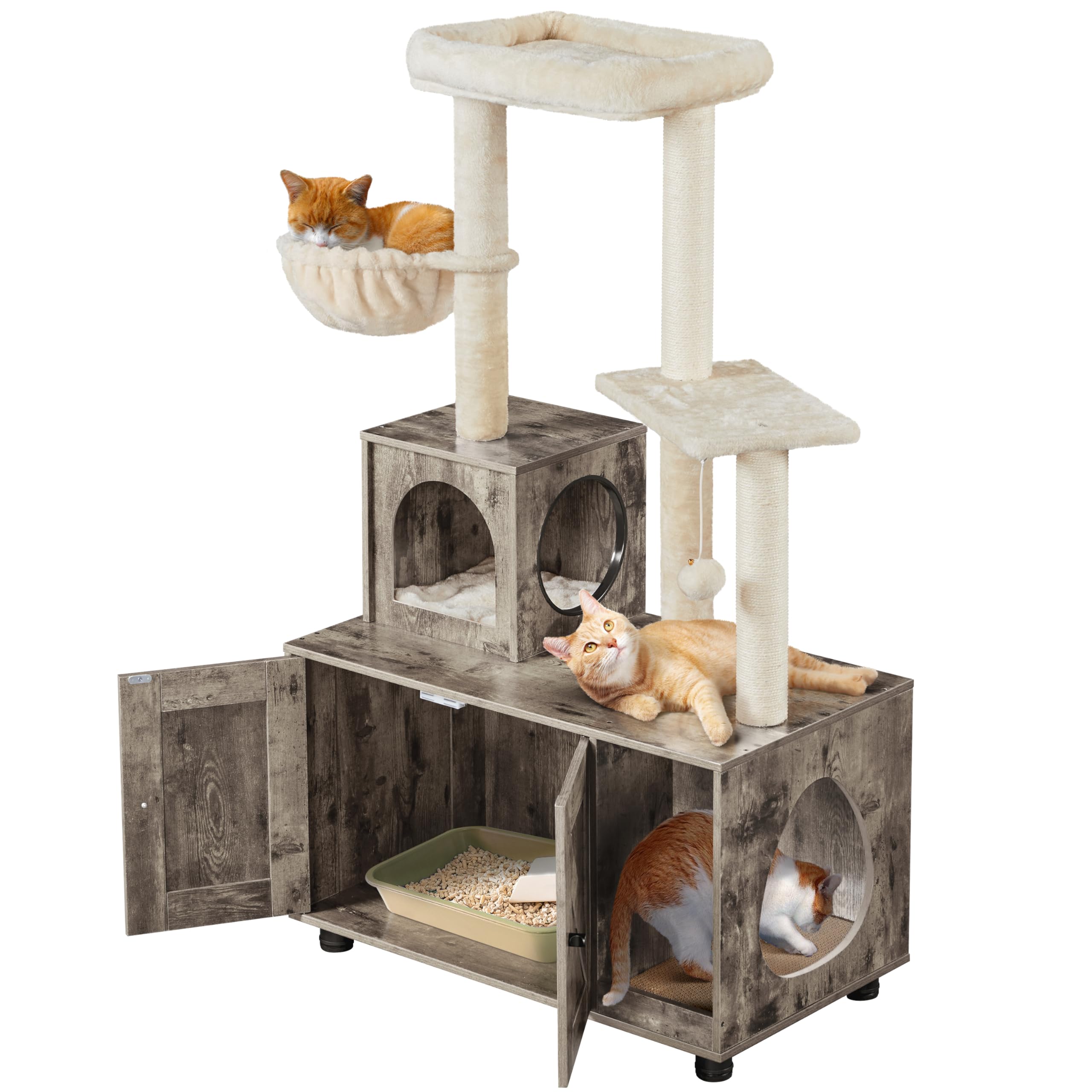 Yaheetech Árbol Rascador para Gatos con Caja de Arena de Altura 134.5cm Torre 2 en 1 de Varios Niveles Torre Escalador de Sisal con 2 Plataformas 1 Pompón 1 Cesta Arenero Oculto Madera Gris Beige
