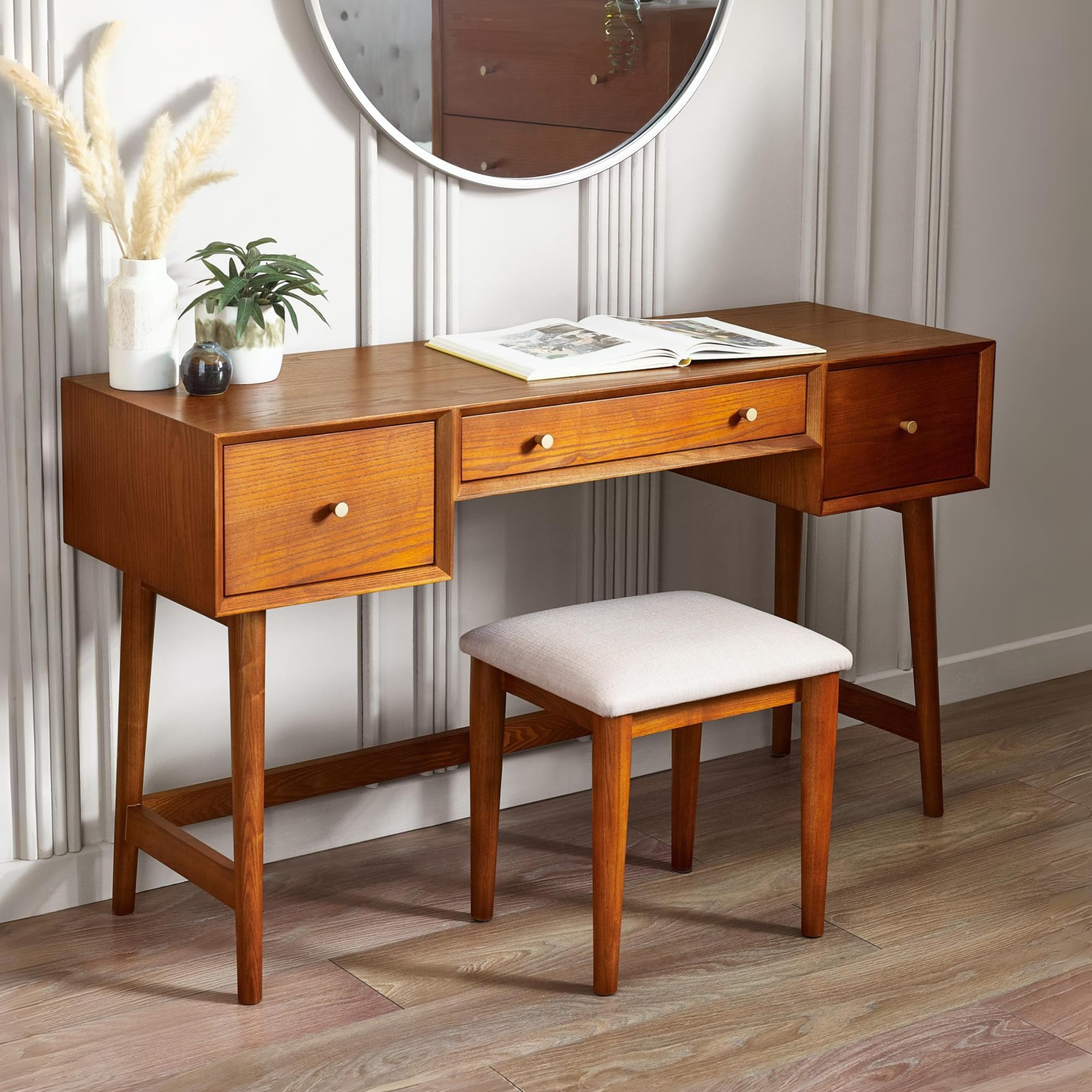 Julian Bowen Lowry Dressing Table & Stool, 3 Drawer, Ash Effect - 76x132cm