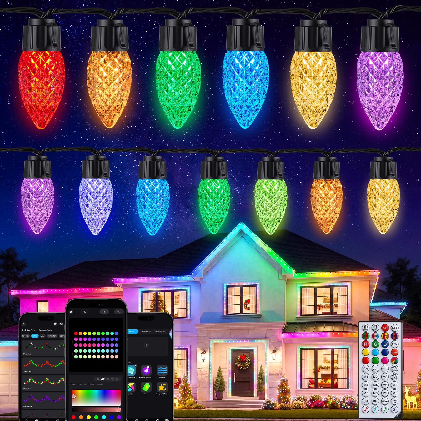 Music Sync, Color Changing, Timer, Waterproof, Connectable Christmas Tree Lights for House Patio Garden Christmas Decorations Outdoor Christmas Lights, 100 LED C9 String Lights, Smart APP & Remote