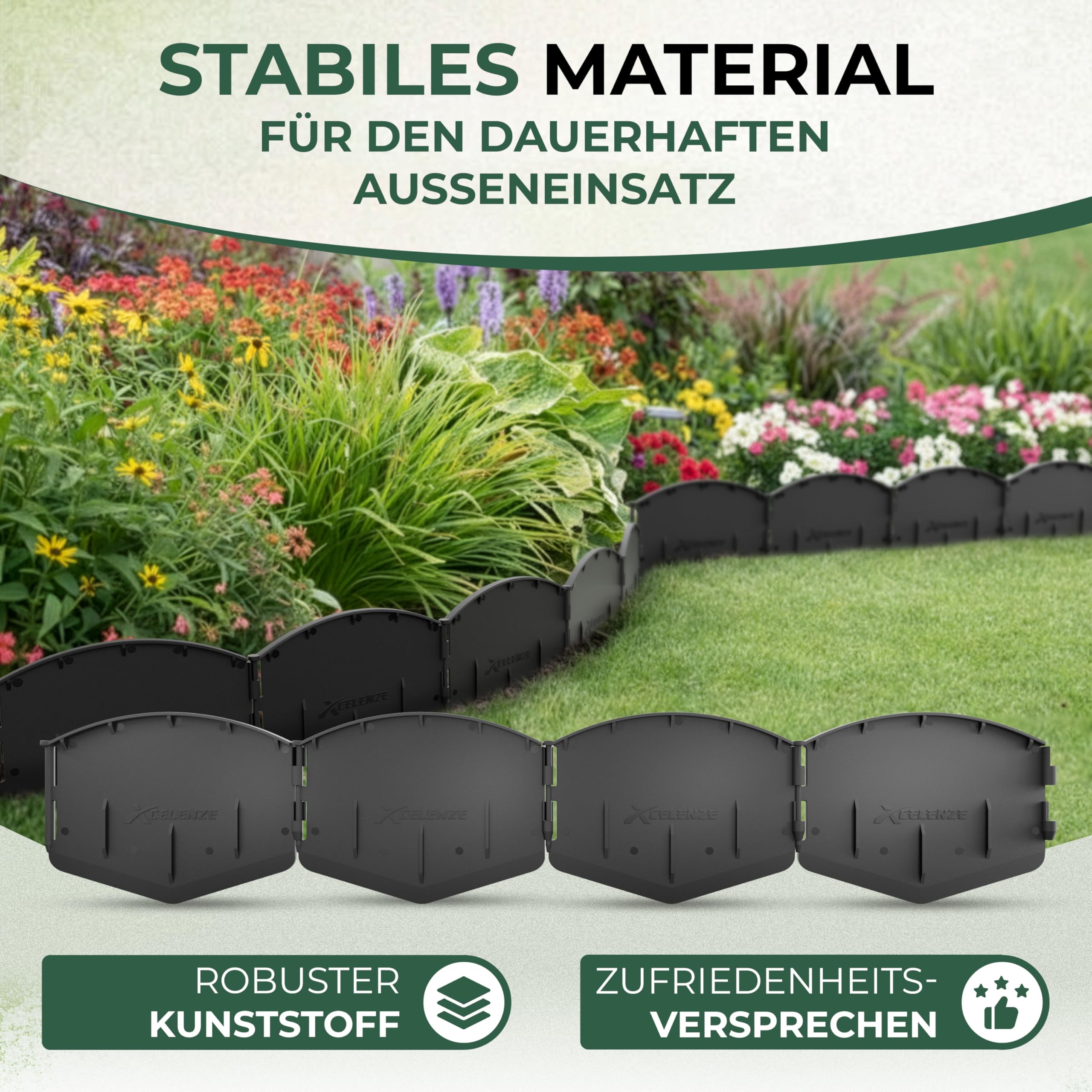 Xcelenze - 20 Meter Flexible Rasenkante Kunststoff Mähkante Beetbegrenzung | zum einschlagen | UV & witterungsbeständig | Beeteinfassung Kunststoff Rasenkantenband – einfaches Verlegen