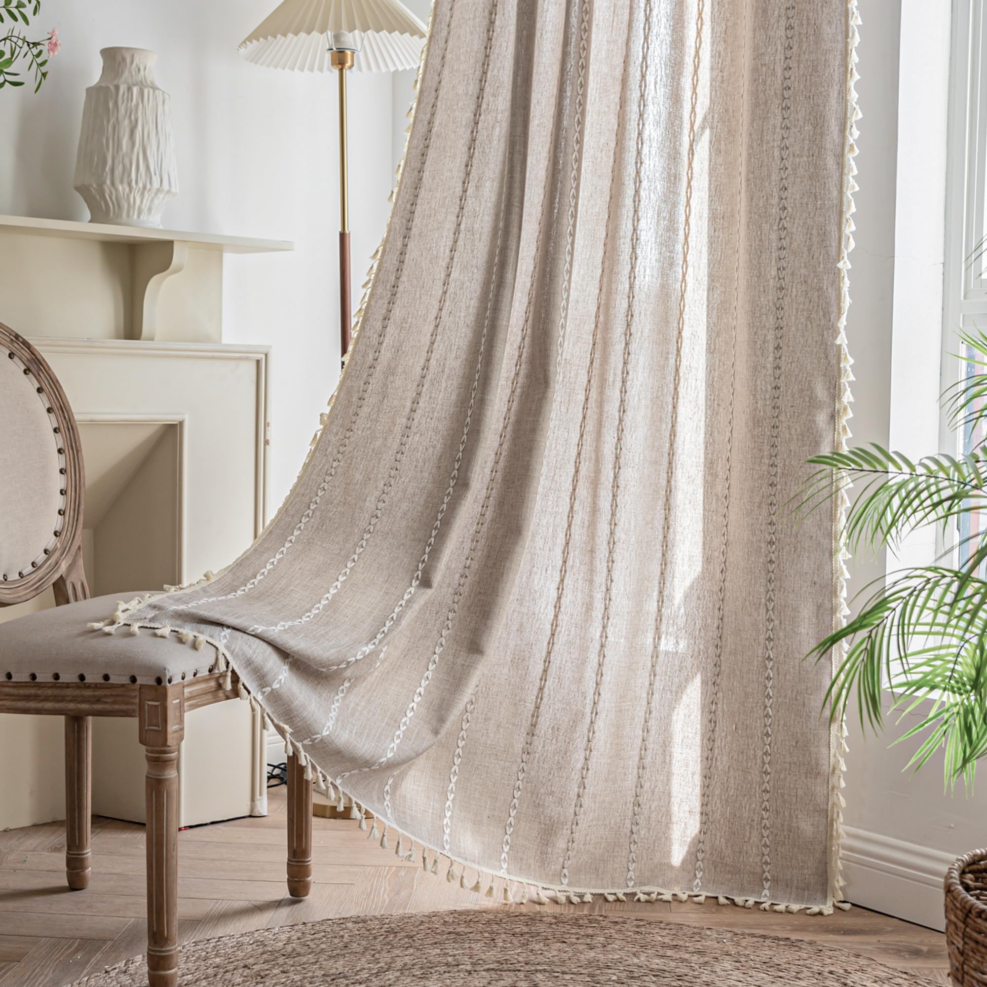Boho Farmhouse Curtains for Bedroom Living Room 96 Inch Long 2 Panels in Tan French Cabin Rustic Country Cute Semi Blackout Cotton Linen Window Treatment Bohemian Embroidery Chic Tassels Draperies
