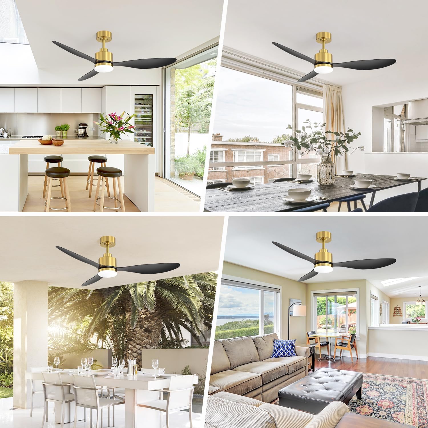 52" Ceiling Fans with Lights and Remote, Quiet DC Motor, 3 Reversible Blades, Modern Gold and Black Ceiling Fan with 3-Color LED Light Fandelier for Bedroom Living Room