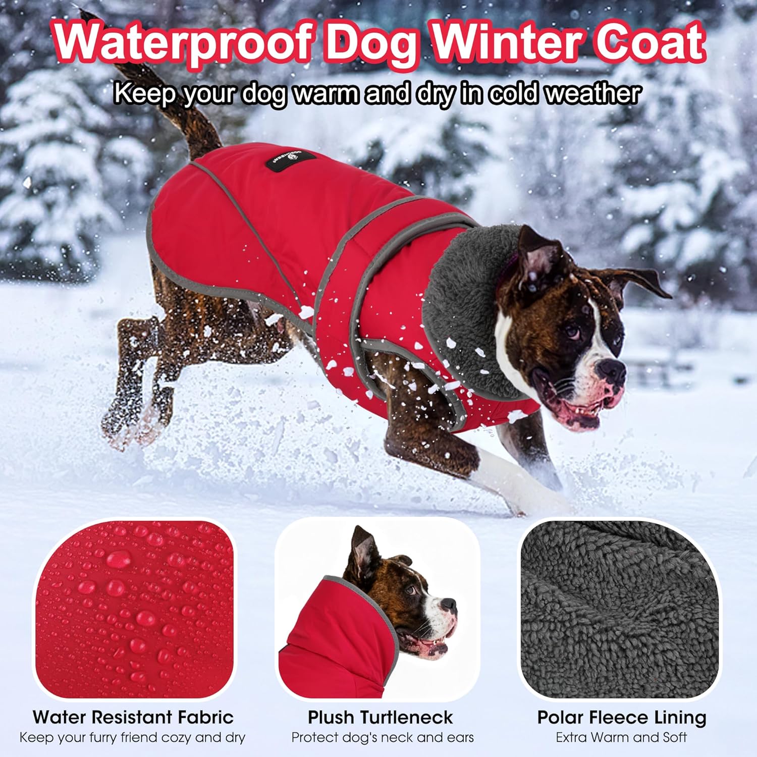 Dogcheer Dog Coat, Waterproof Dog Jacket Reflective Pet Winter Coat with Adjustable Hook & Loop, Christmas Puppy Fleece Jacket Warm Turtleneck Snowsuit for Small Medium Large Dogs - Red, S - Image 2