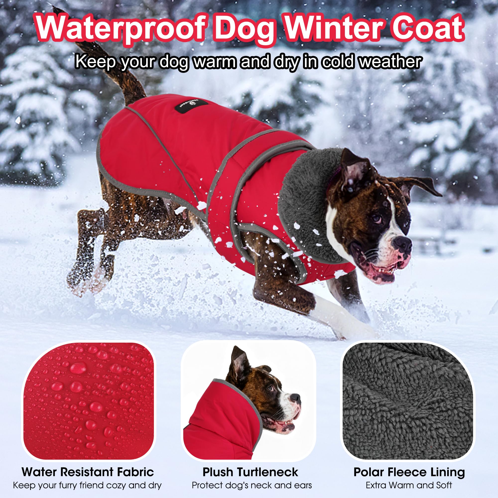 Dogcheer Cappottino per cani, impermeabile e riflettente, con gancio e anello regolabili, giacca in pile per cuccioli di Natale, a collo alto, per cani di taglia piccola, media e grande, rosso, XL
