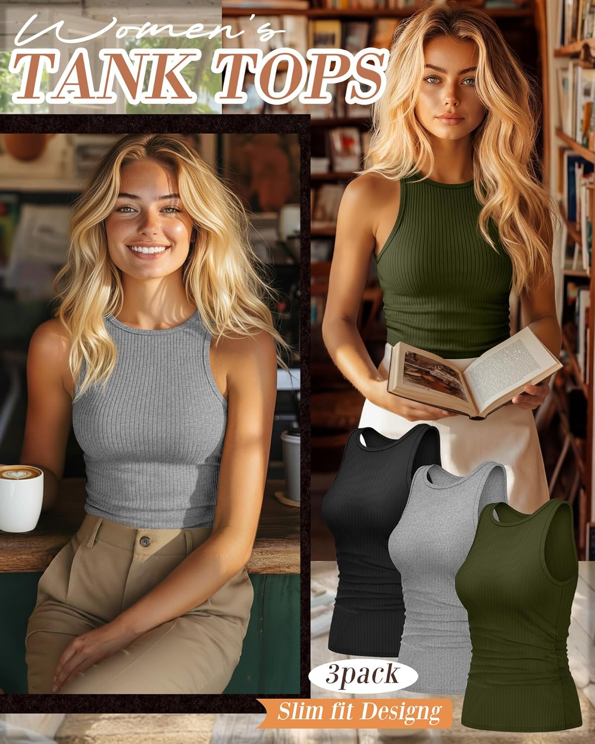 3 Pack Women's Sleeveless Tank Tops, Ribbed Knit Slim Fit Crew Neck Tops Side Ruched Summer Racerback Workout Shirts - Image 2