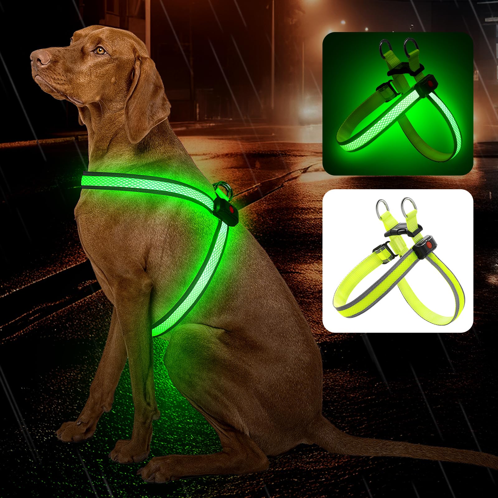 LED Dog Harness Mesh USB Rechargeable Light Up Dog Harness Reflective Vest for Small Medium Large Dogs (Green, XS)