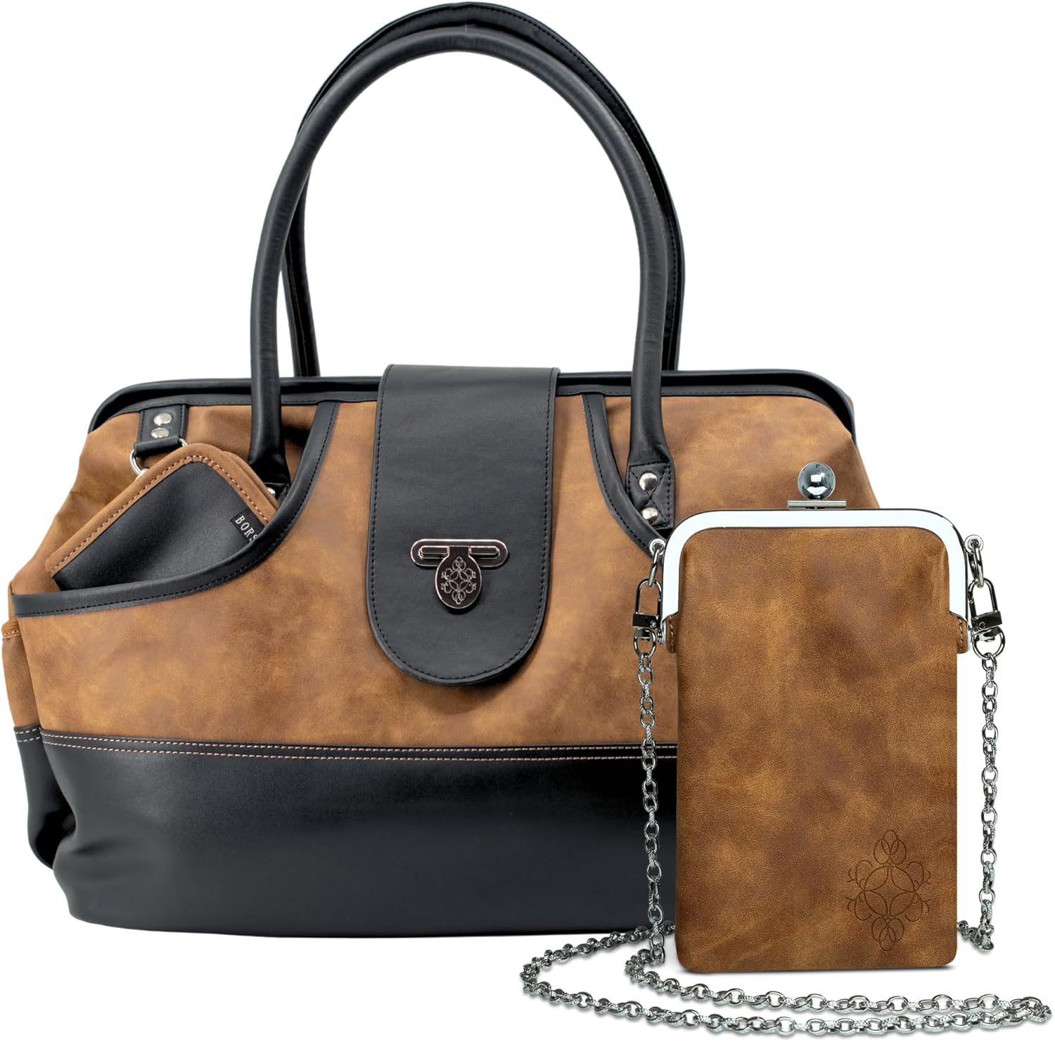 Borsali Weekender Bag for Women - Travel Carry On Duffel -Vegan Leather with Travel Wallet, Packing Cubes, Shoe Covers & Glasses Case (Brown/Brown)