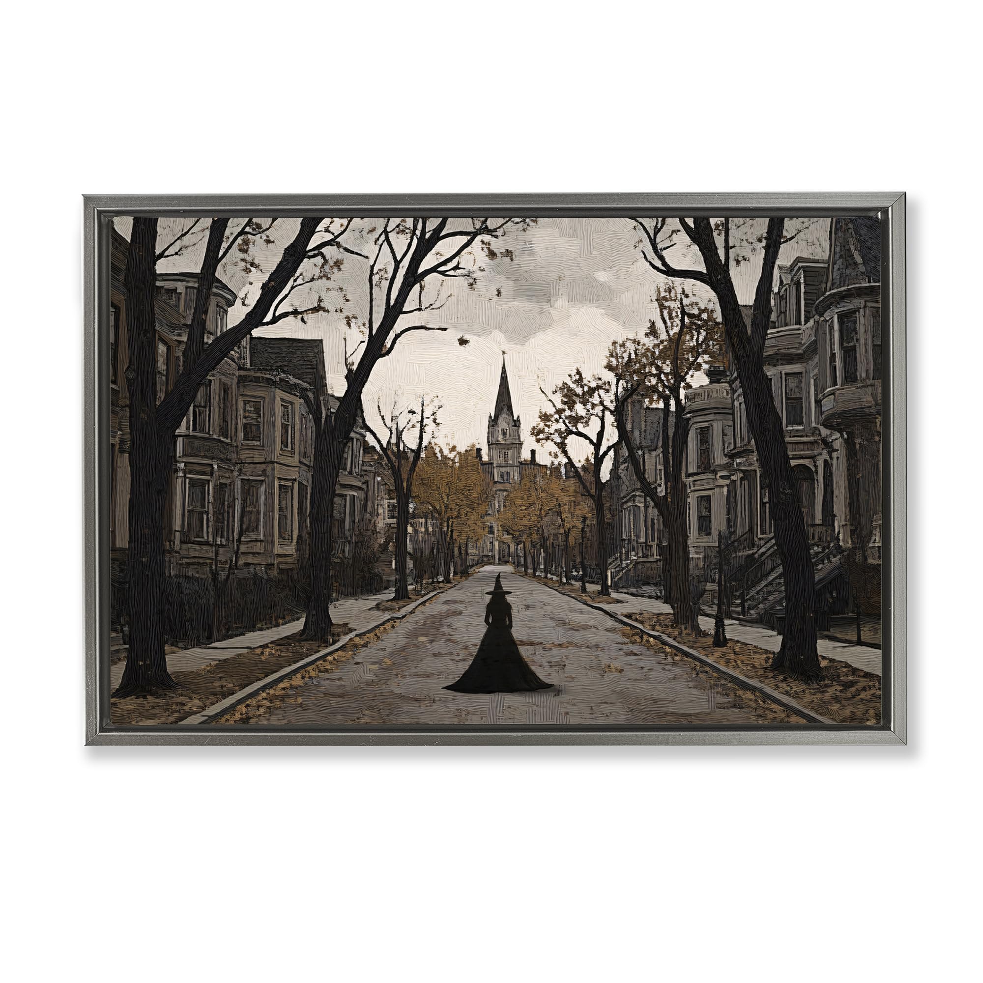 Stupell Industries Luster Gray (Matte) 'Witch Strolling Town Streets'| Floating Frame Canvas Art