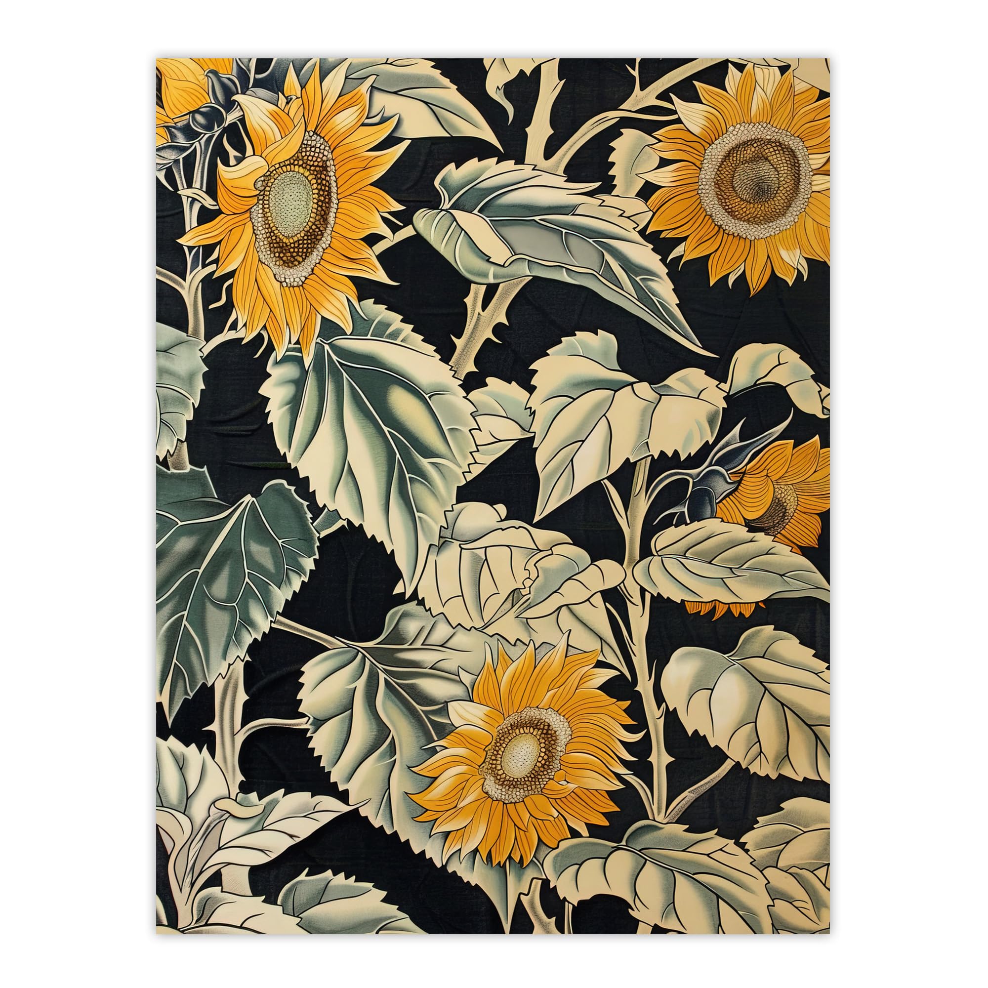 Artery8 Sunflowers with Leafy Stalks Painting Floral Wall Art Print - W24 inch x H32 inch - Green