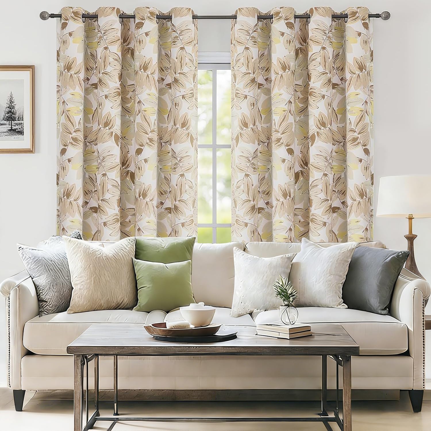 BROSHAN Beige Blackout Curtains 63 Inch Length Thermal Insulated Curtains for Bedroom Living Room - Vintage Leaf Pattern, Grommet Top Room Darkening Drapes (2 Panels, 52x63 Inches Each)