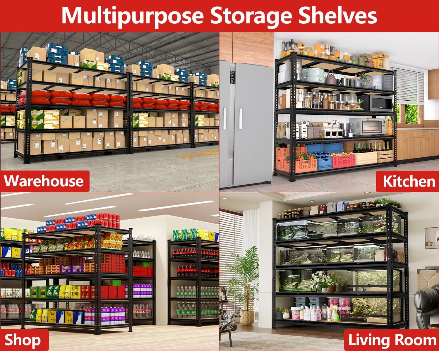 PrimeZone 60" W X 24" D X 72" H Heavy Duty Garage Storage Shelves - Adjustable Metal Shelving Unit, 5 Tier Industrial Shelves for Storage Standing Utility Rack for Warehouse, Basement, Black, 3 Pack