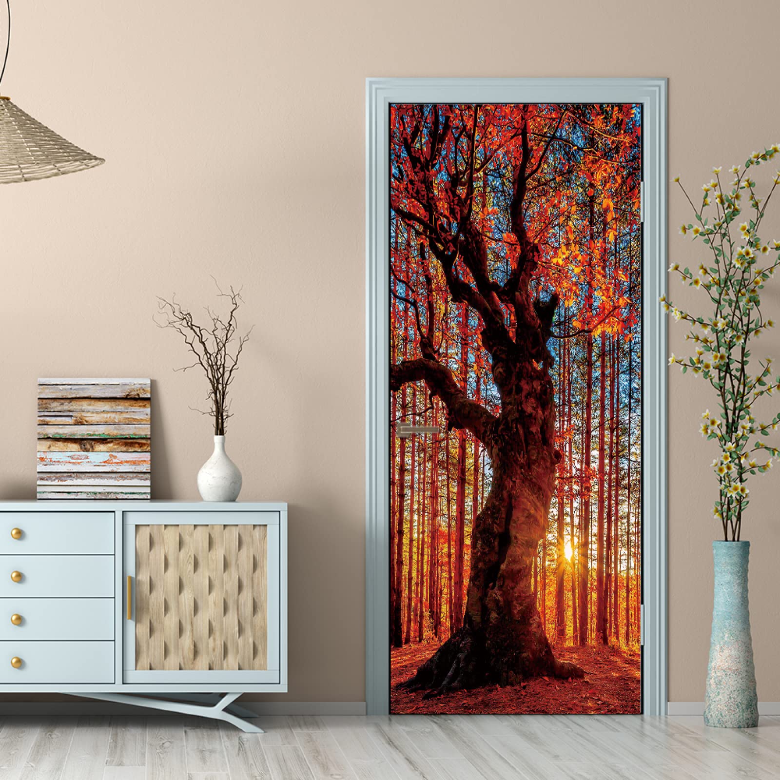 3d Stickers Porte Porte Arbres rouges et à fleurs Auto-AdhéSif Murale DéCoration De La Maison Stickers Muraux Chambre Salon Affiche Amovible Art Autocollants L100 x H200cm