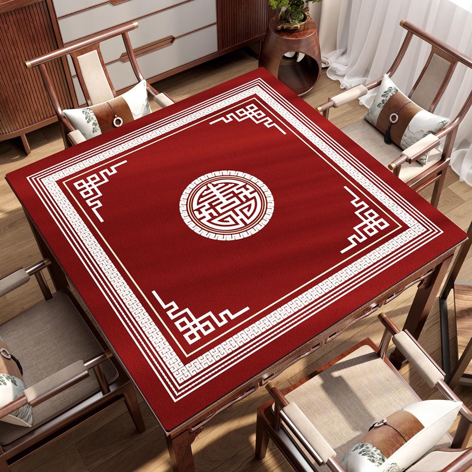 Mahjong Mat Mata Na Stół Do Mahjonga Antypoślizgowa I Redukująca Hałas, Obrus Na Akcesoria Do Mahjonga Do Gier Karcianych, Planszowych I Kafelkowych(Red C,35.43x35.43 in)