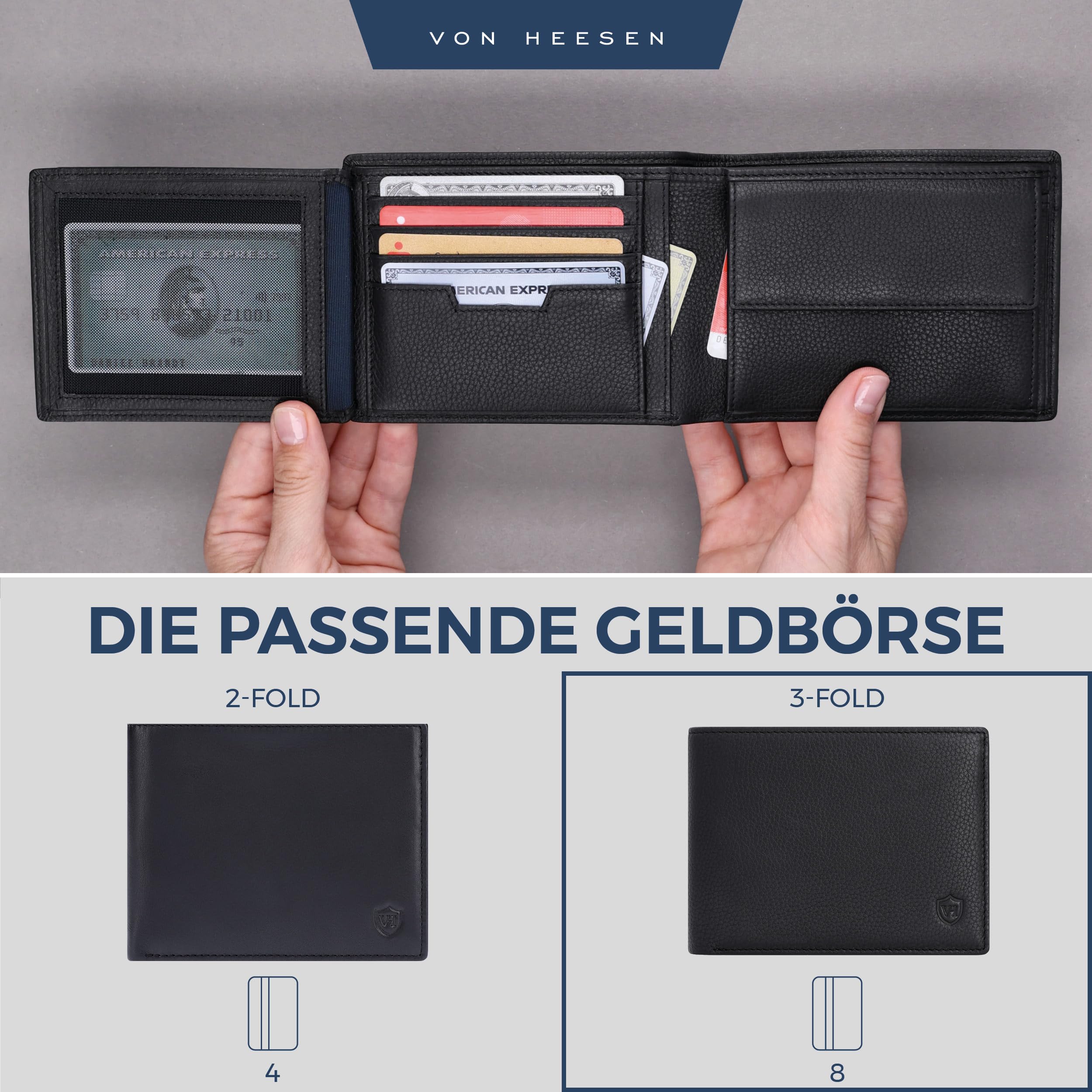 VON HEESEN Leder Geldbörse Herren mit RFID Schutz I Echtleder Geldbeutel für Männer I Münzbörse Portemonnaie Brieftasche Wallet Portmonee (Schwarz)