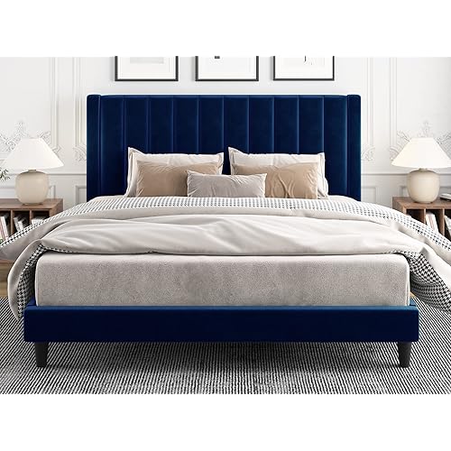 IMUsee King Size Velvet Upholstered Tufted Platform Bed Frame with headboard, Strong Wooden Slats, Box Spring Optional, Mattress Foundation, Easy Assembly, Navy Blue