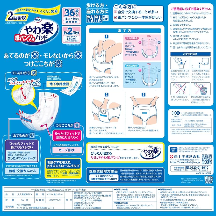 やわ楽 紙パンツ用パッド 36枚入り Amazon | サルバ 白十字 紙パンツ用やわ楽パッド 4回吸収 36枚入