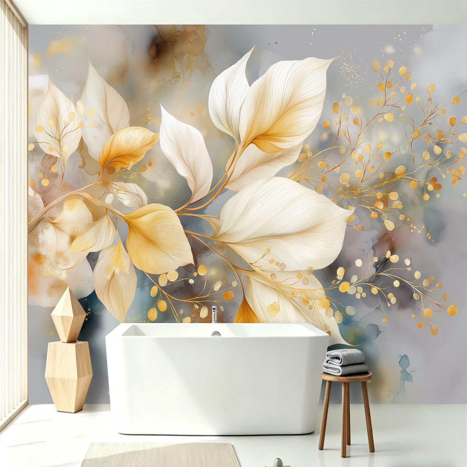 Tapeta 250 x 175 cm – abstrakcyjny marmur, dekoracja domu i mural, rośliny, pozłacane liście, fototapeta – fototapeta do sypialni, salonu, łazienki, na sofę, niesamoprzylepna, duża osłona ścienna