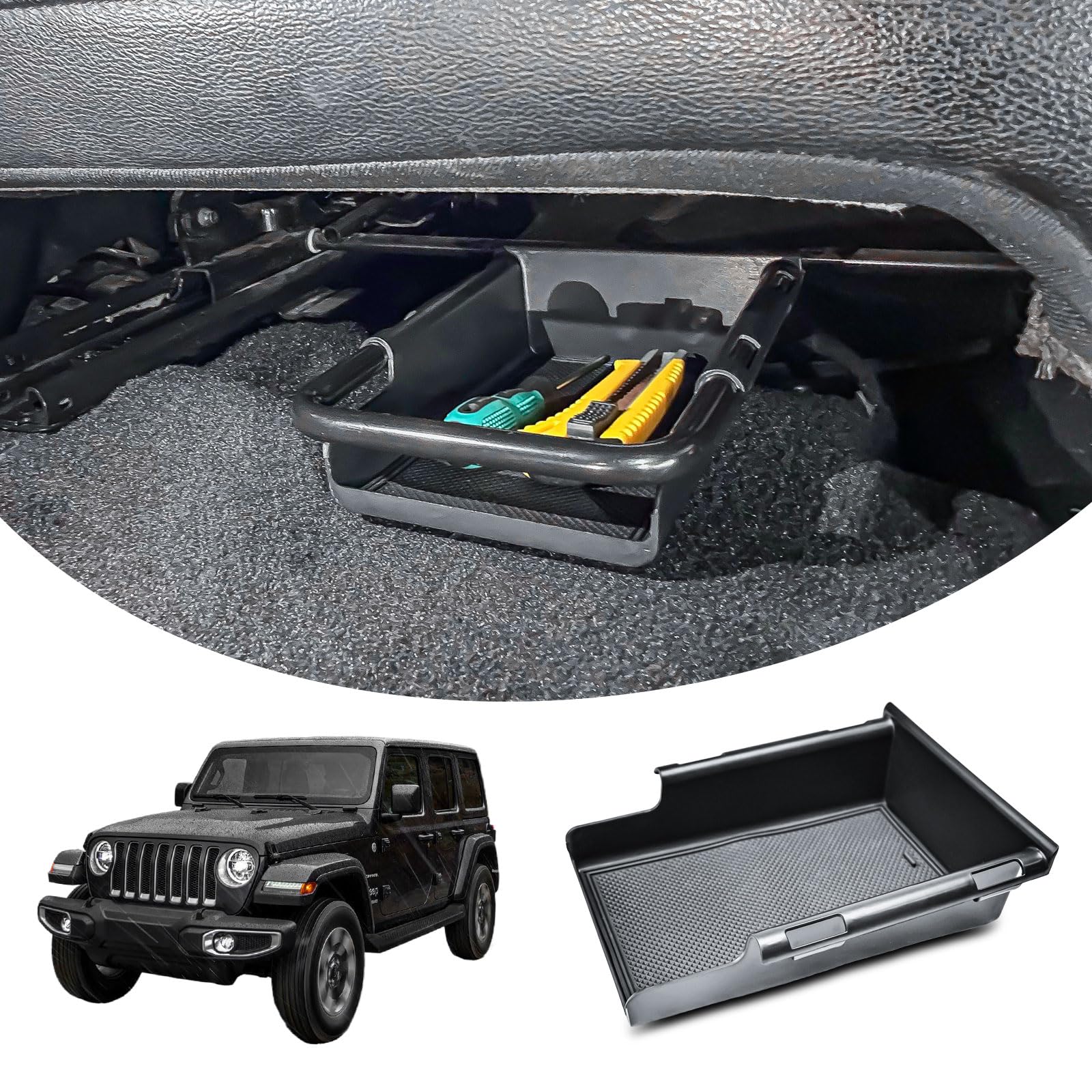 EDBETOS Plateau de consoles avant sous siège compatible avec Jeep Wrangler JL/JLU 2018-2023, 2024, 2025 et Jeep Gladiator JT Truck 2020-2024 2025, accessoires de rangement cachés (siège manuel