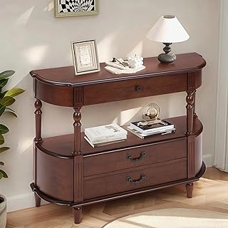 LKTART 43" Half Moon Console Table, Solid Wood Retro Curved Console Table Entryway Table Sofa Table with Solid Pine Roman Legs 3 Drawers 1 Open Shelf for Living Room,Foyer,Hallway(Cherry)