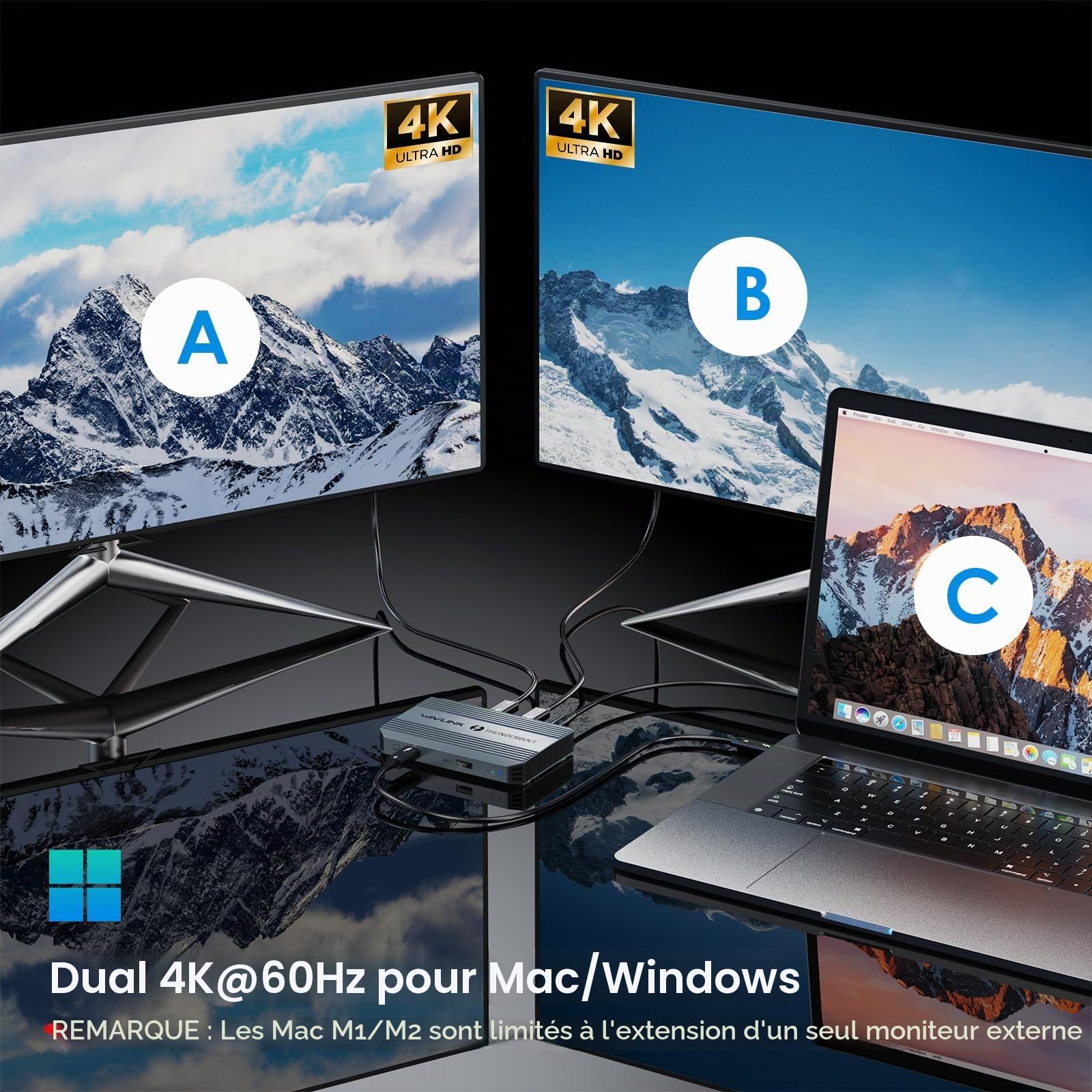 Station d'accueil Thunderbolt 4, WAVLINK USB C Hub avec Double Affichage 4K@60Hz, 100w Power Delivery, USB-A 3.2 Gen 2, pour MacBook Pro/Air M1 M2 M3, Ordinateur Portable Thunderbolt 4/3