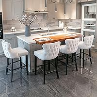 Vista 7 de Rhomtree Taburetes de bar tapizados de terciopelo modernos de 27 pulgadas con patas de madera, botón acolchonado, cabeza de clavo cromada, taburetes