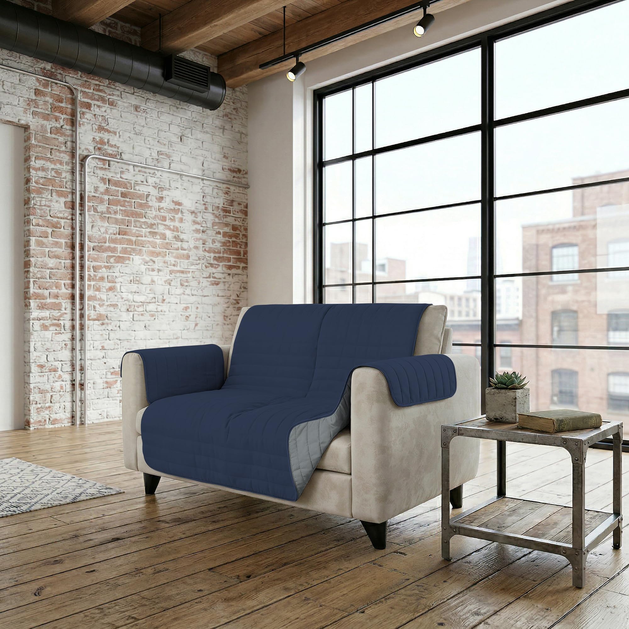 Italian Bed Linen TRENDY Two Tone Microfibre Sofa Cover Dark Blue/Light Grey 2 Seater