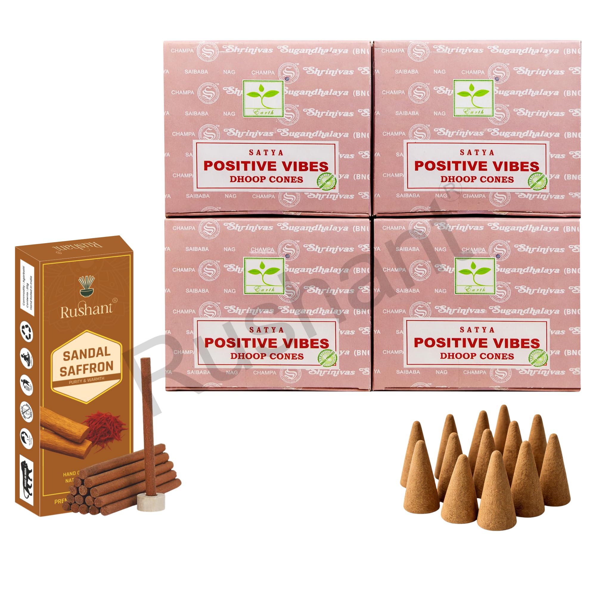 Satya Positive Vibes Dhoop Cones with Stand, 4 Packs x 12 (48 Cones Total) + Rushant Sandal Saffron Dhoop Sticks (10) – Incense Set for Relaxation & Meditation