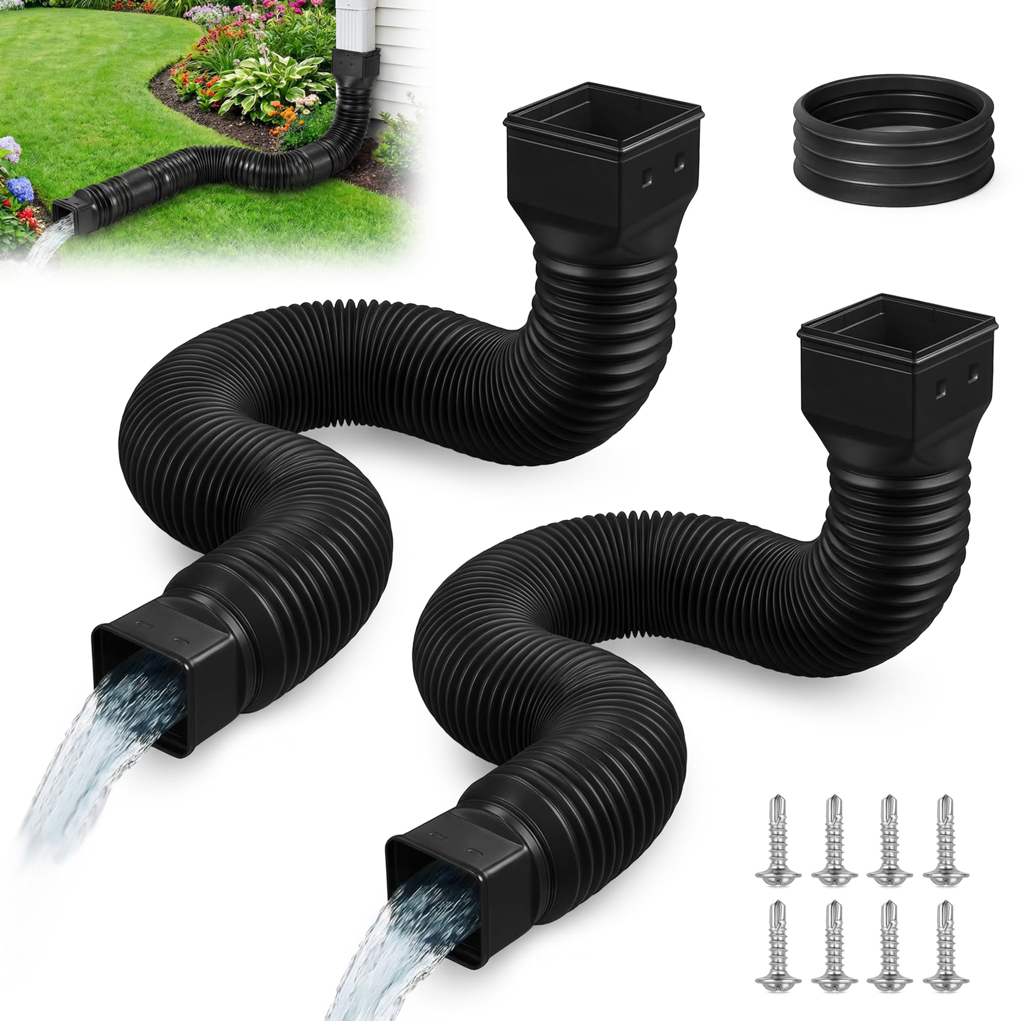 Rain Gutter Downspout Extensions 2 Pack: Flexible Downpipe Extension Extendable from 21 to 60 Inches Black Downspout Extender for Rain Water Drainage