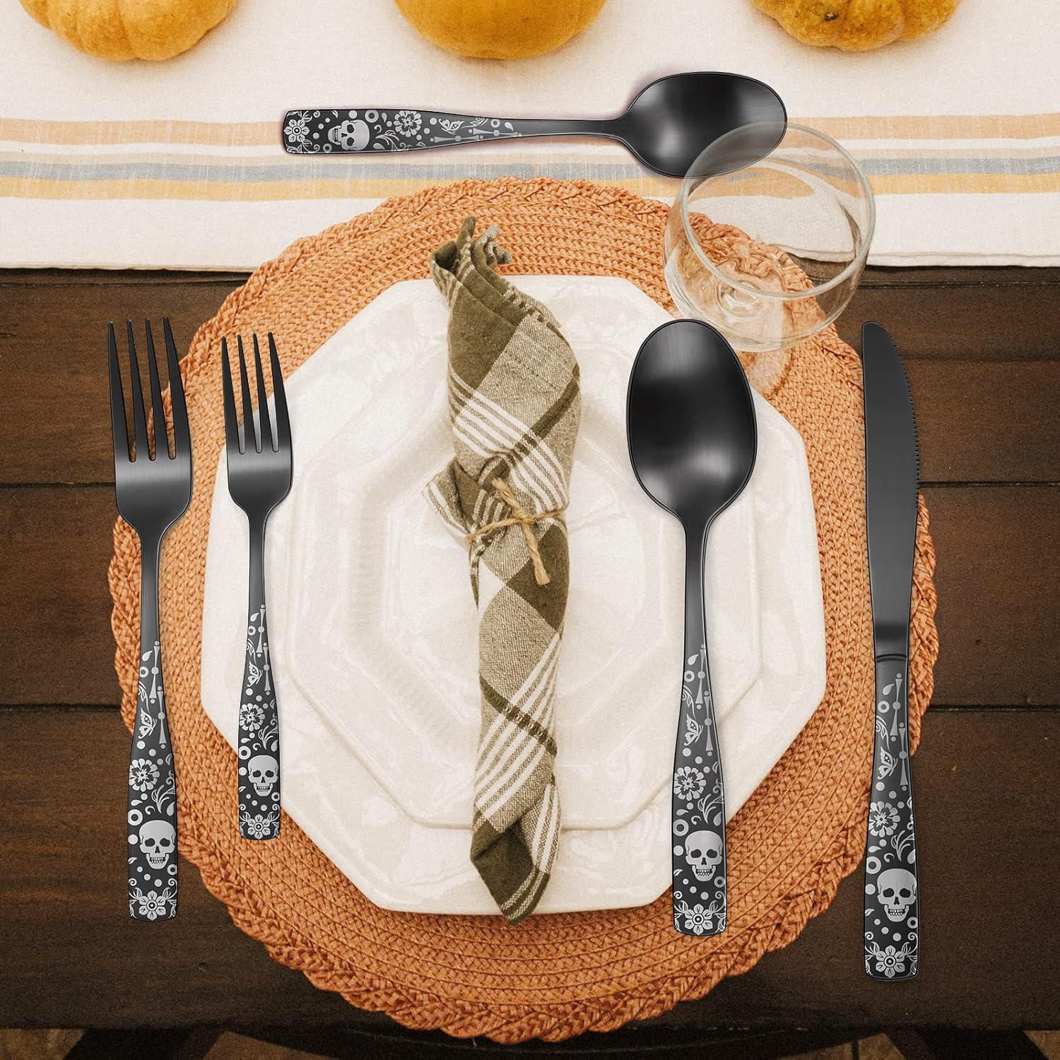 Pattern Matte Silverware Set for 8,40 Piece Gothic Black Flatware set,Skeleton Flower Bat Unique Pattern Design,Skull Knive Fork Spoon Spooky Utensils Cutlery,Halloween Party Supplies Event Tab