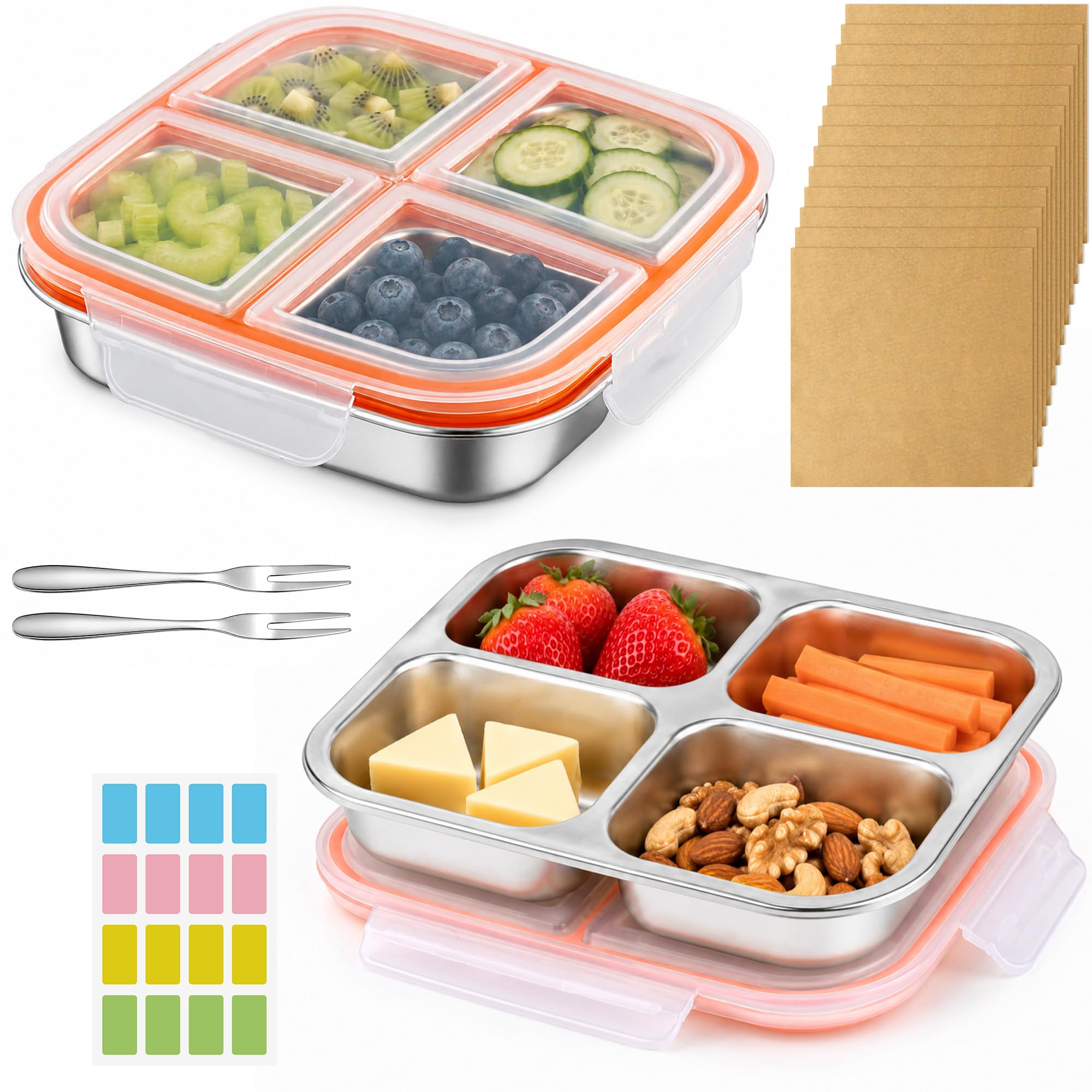 Ferenando 2 Pack 600ml Stainless Steel Snack Box with Greaseproof Paper