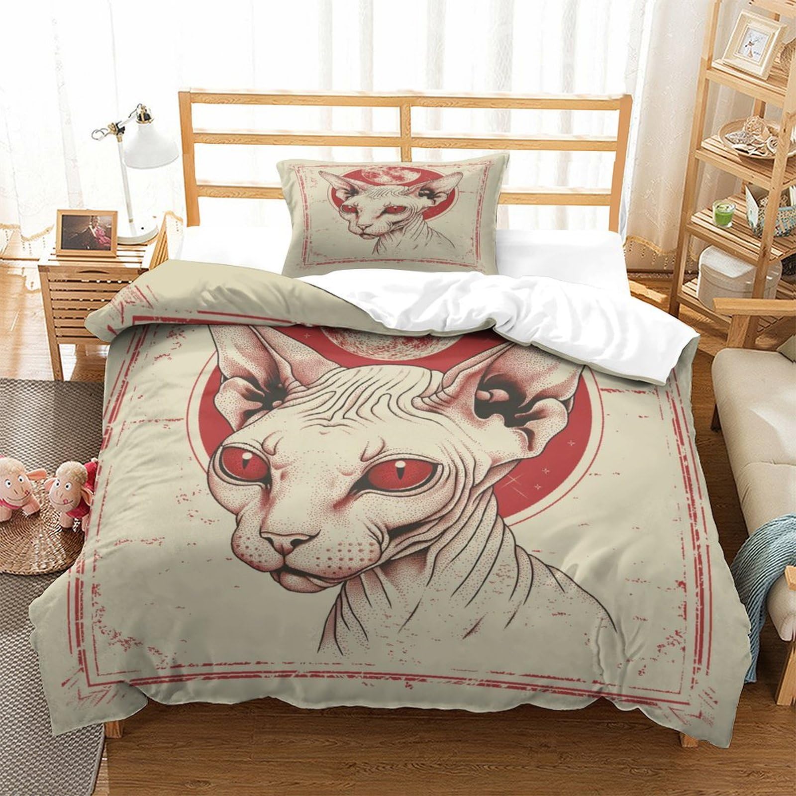 P1S9U7W5Y Artistic Cat Design 3D Printed Microfiber Duvet Cover Set 3 Pieces for Adults Teens, Sphynx Cat Bedding Set, Soft Breathable Bedroom Decor Single（135x200cm）