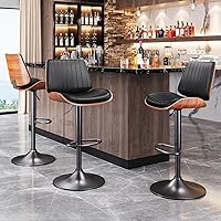 Vista 7 de Juego de 4 taburetes de bar para isla de cocina con respaldo de madera curvada y asiento de cuero, taburetes de bar giratorios para encimera