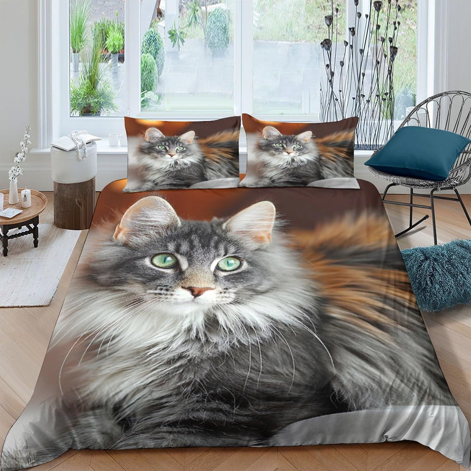 GPLZQXKJNH 3D Printed Fluffy Cat Duvet Cover Microfiber Soft Breathable Brown Tabby Bedding Set with 2 Pillowcases for Bedroom Decor Single（135x200cm）