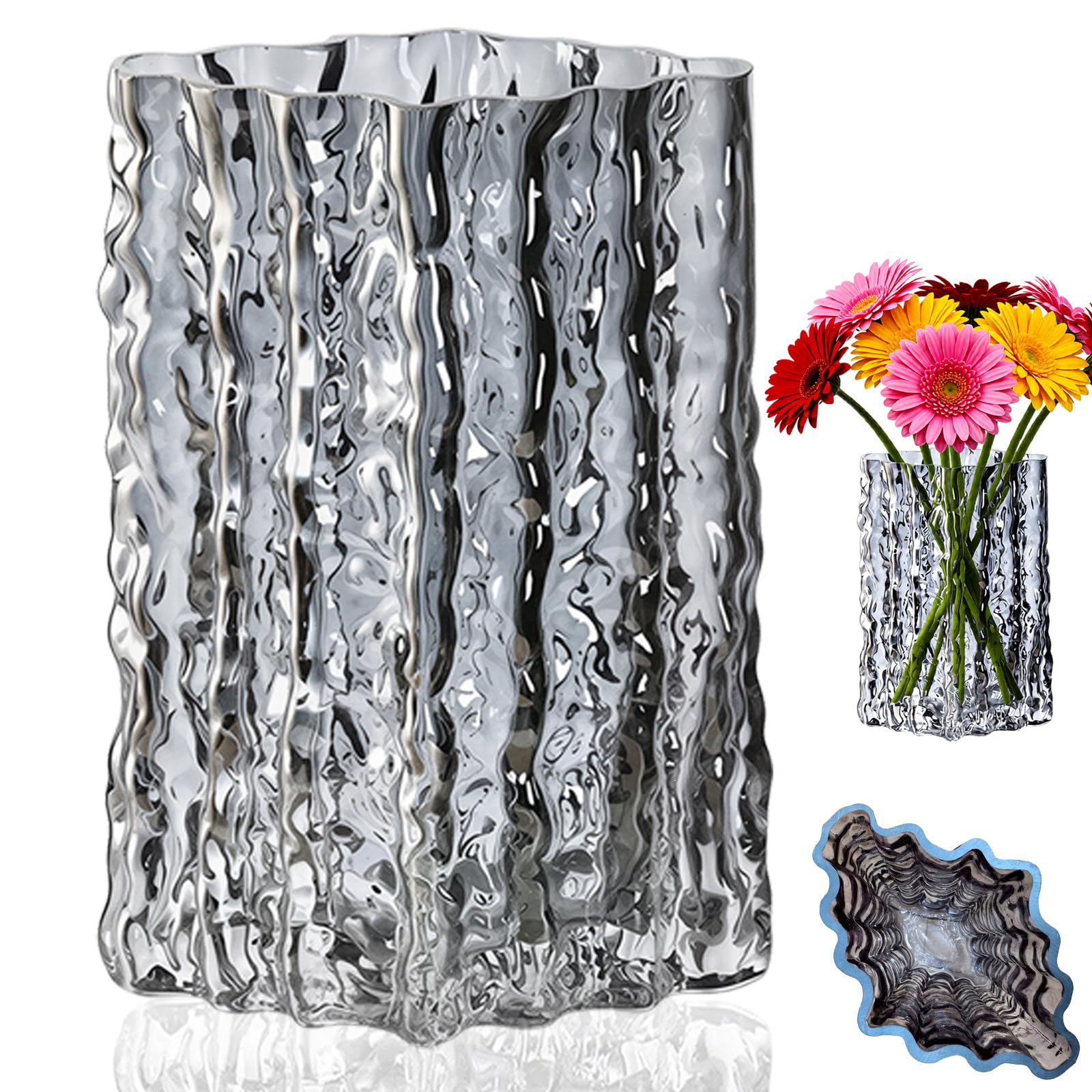 Flower Vase Glass, Gray Glass Vase for Flowers, Glacier-Patterned Vase Ornaments, Decorative Vase for Living Room Bedroom Office Holiday Party, Crystal Vase Gifts for Friends Woman Wedding (Gray)