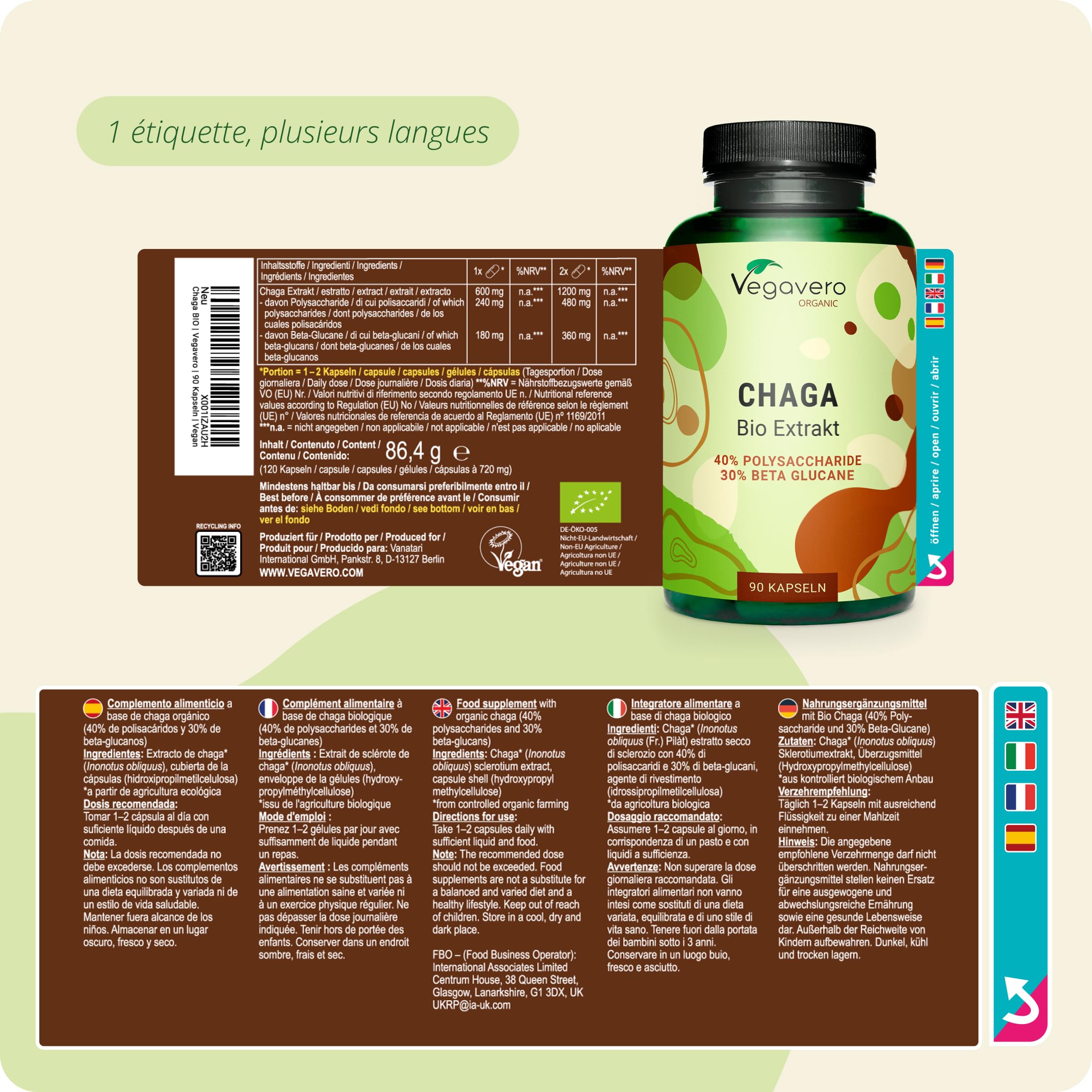 Chaga BIO Vegavero® | 12.000 mg de Poudre (1200 mg d'Extrait 10:1) | 40% Polysaccharides & 30% Bêta-Glucanes | 120 Gélules | Sans Additifs & Vegan