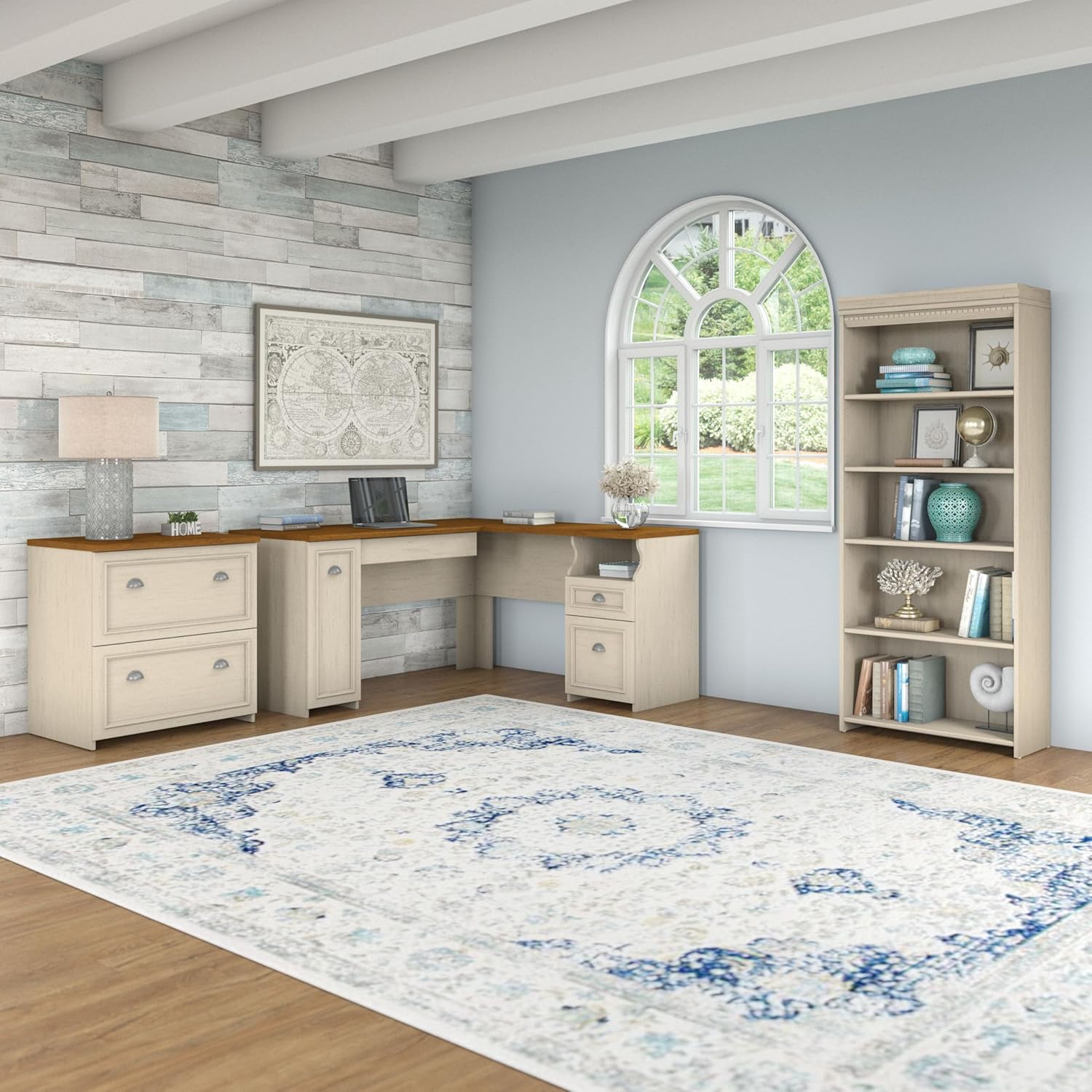 Bush Furniture Fairview 60W L Shaped Desk with Lateral File Cabinet and 5 Shelf Bookcase in Antique White and Tea Maple