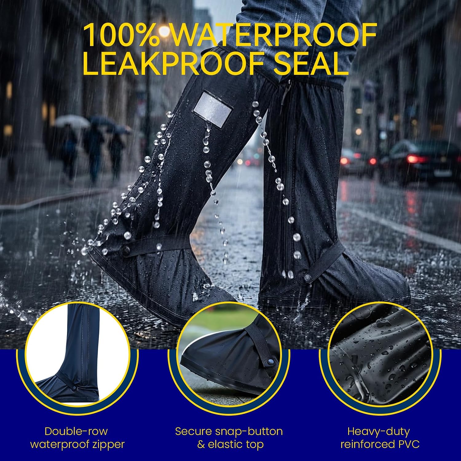 3Pair Reusable Waterproof Shoe Covers for Rain, Reflector Non-Slip Galoshes Overshoes for Women and Men, Double-Row Waterproof Zipper for Mud, Cycling and Outdoor Travel (Black, X-Large)