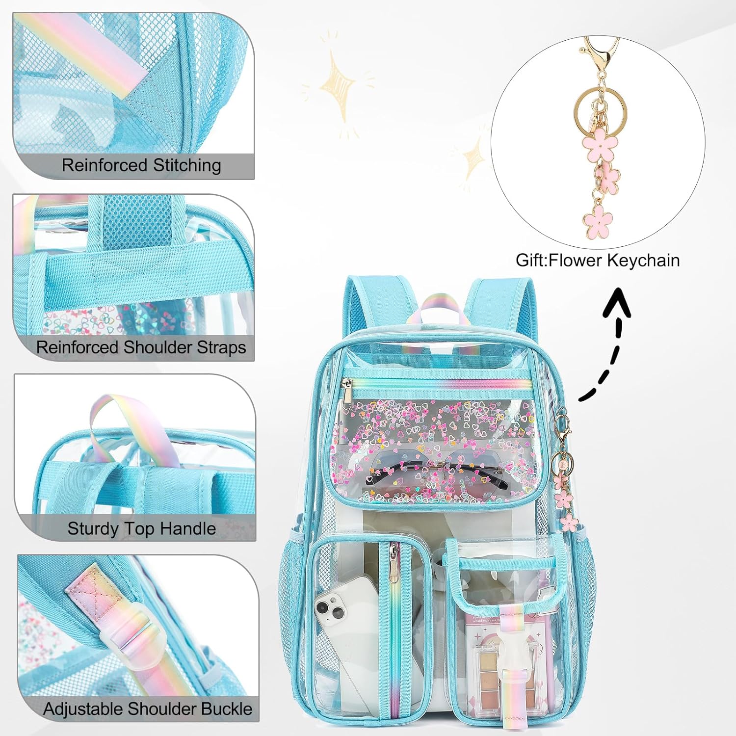 Clear Backpack for Girls Women, School Bookbag Heavy Duty See Through Backpacks (Sky Blue) - Image 4