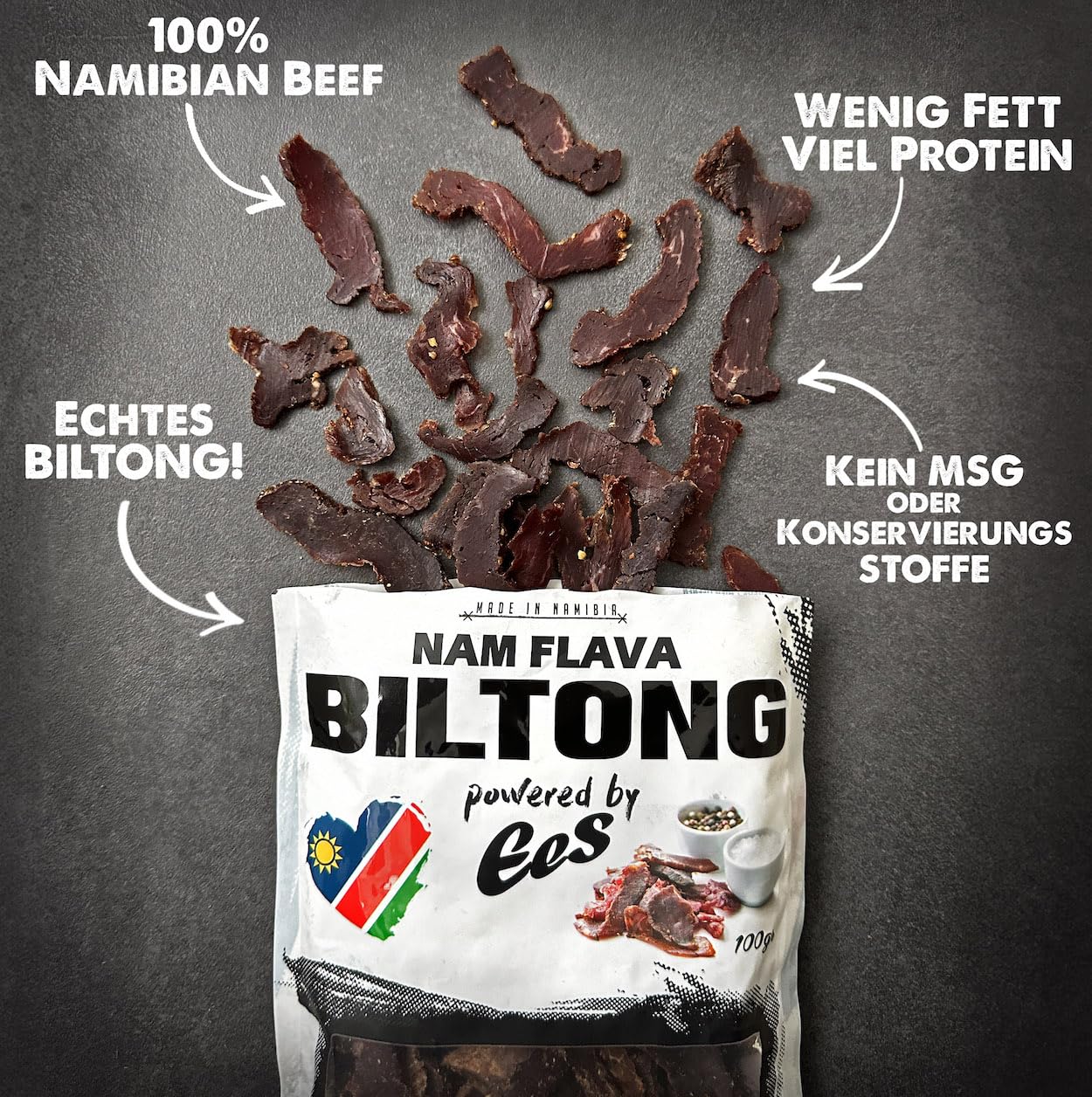 Nam Flava - Original Biltong aus Namibia - 1 kg (10x100 g) - Trockenfleisch, Beef Jerky, viel Protein
