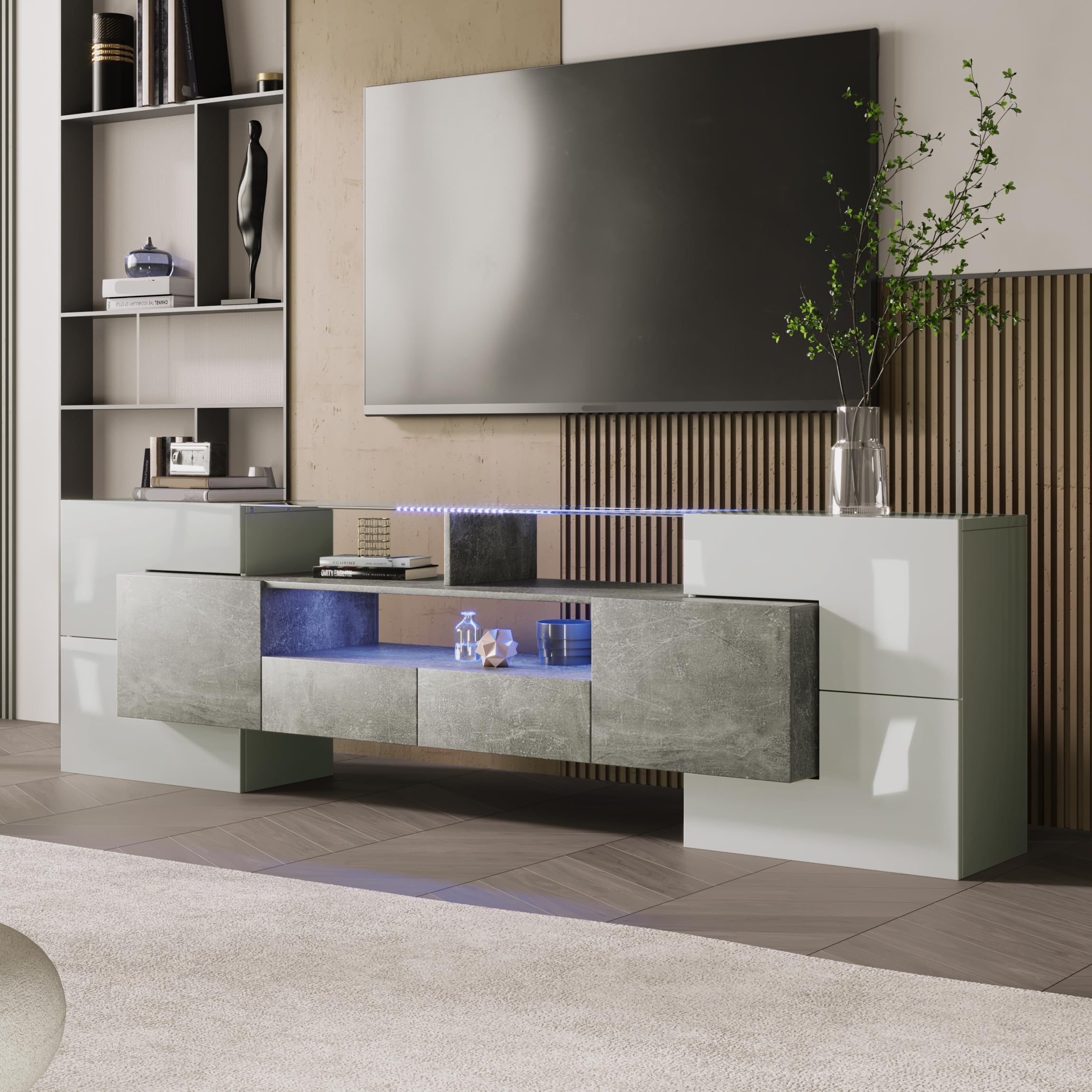 Mobile TV basso 200 cm bianco lucido e cemento con illuminazione a LED – Mobile TV moderno, 6 ante con chiusura morbida, 2 cassetti, superficie in vetro, molto spazio per il soggiorno
