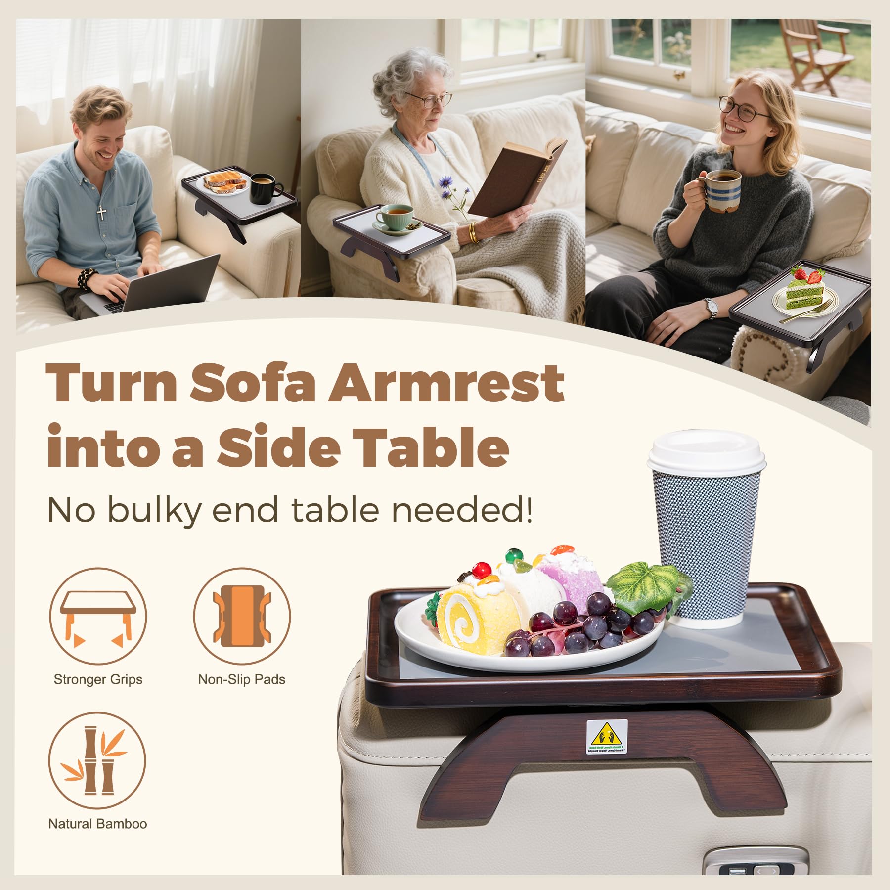 Mesa con reposabrazos de bambú natural para sofá, para bebidas, aperitivos, comer, control remoto, bandeja para brazo de sofá (marrón)