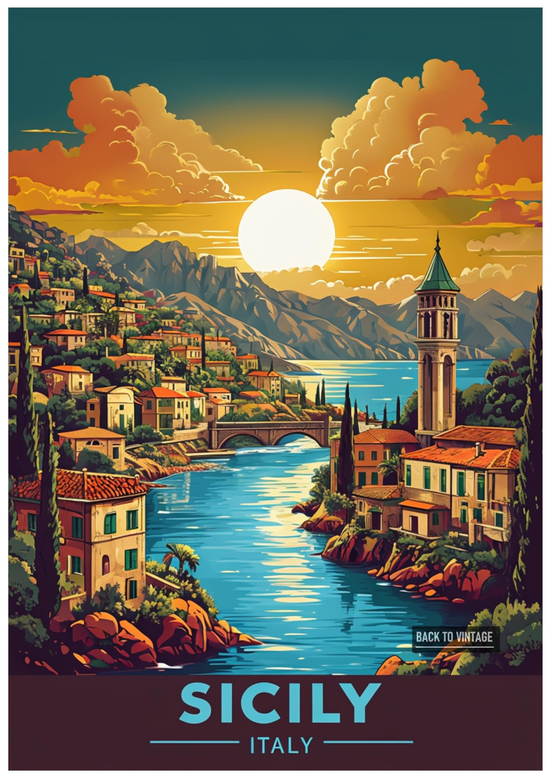 Back To Vintage Multicoloured Vibrant Retro Illustration Of Sicilian Coastal Town At Sunset Sicily - Retro Europe Travel Poster A4 Size Vintage Wall Art Print Of Famous European Destinations Ideal For Home Or Office Decor