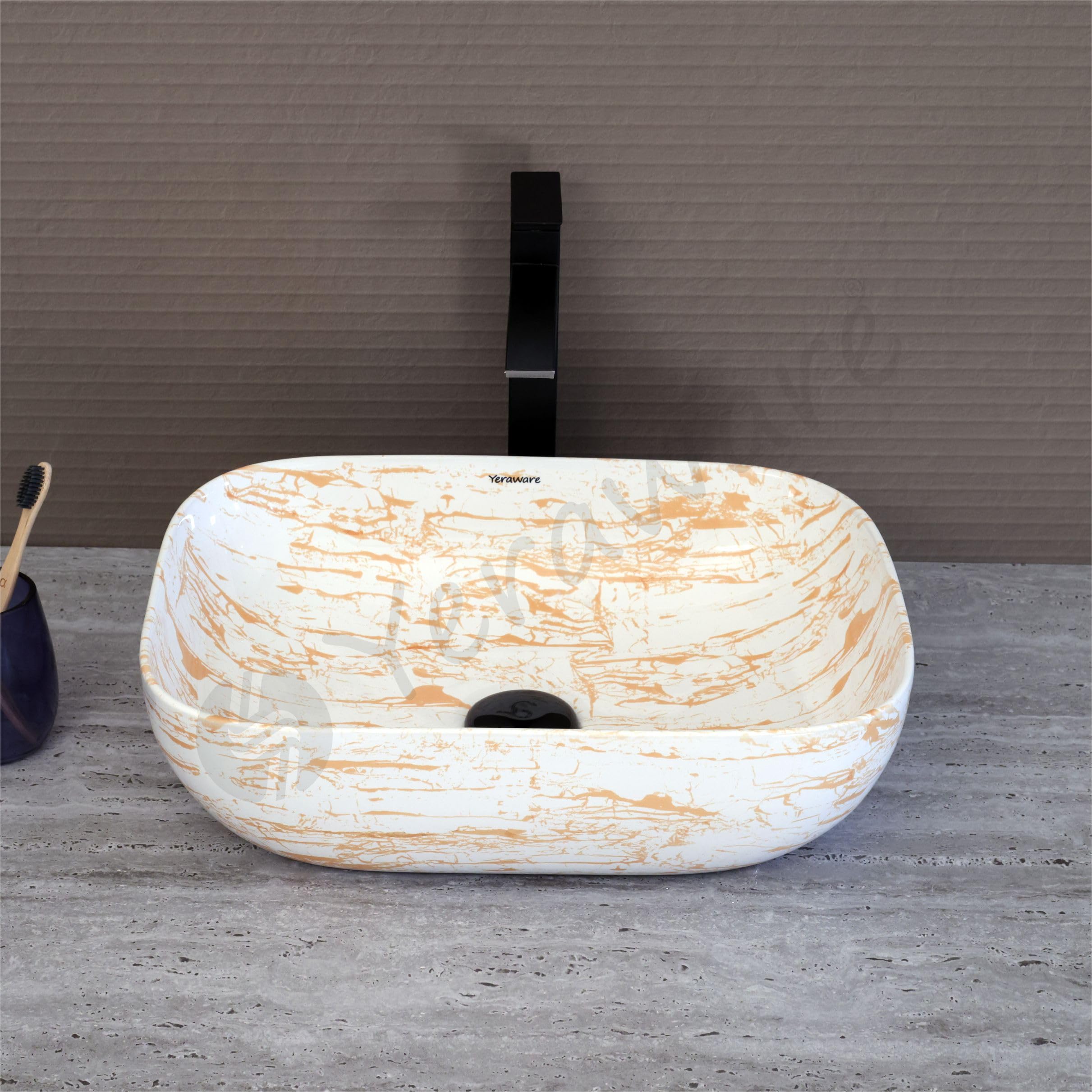 YERAWARE Premium Designer Ceramic Countertop Wash Basin For Bathroom | Stylish Tabletop Sink for Living Room, Hotels, Office & Restaurant (18 x 13 x 5 Inch) (Gold Marble Streaks) 1